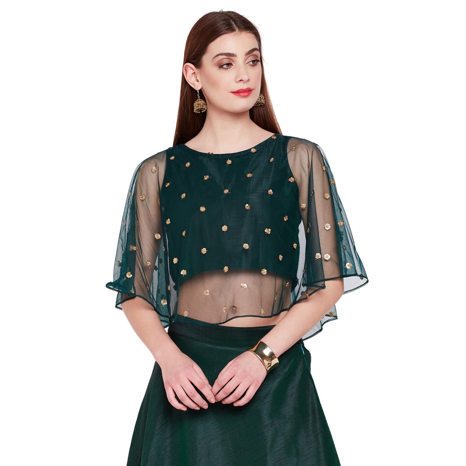 studio rasaWomen's Net Sequins Embroidered Cape Top for Wedding Party Festive