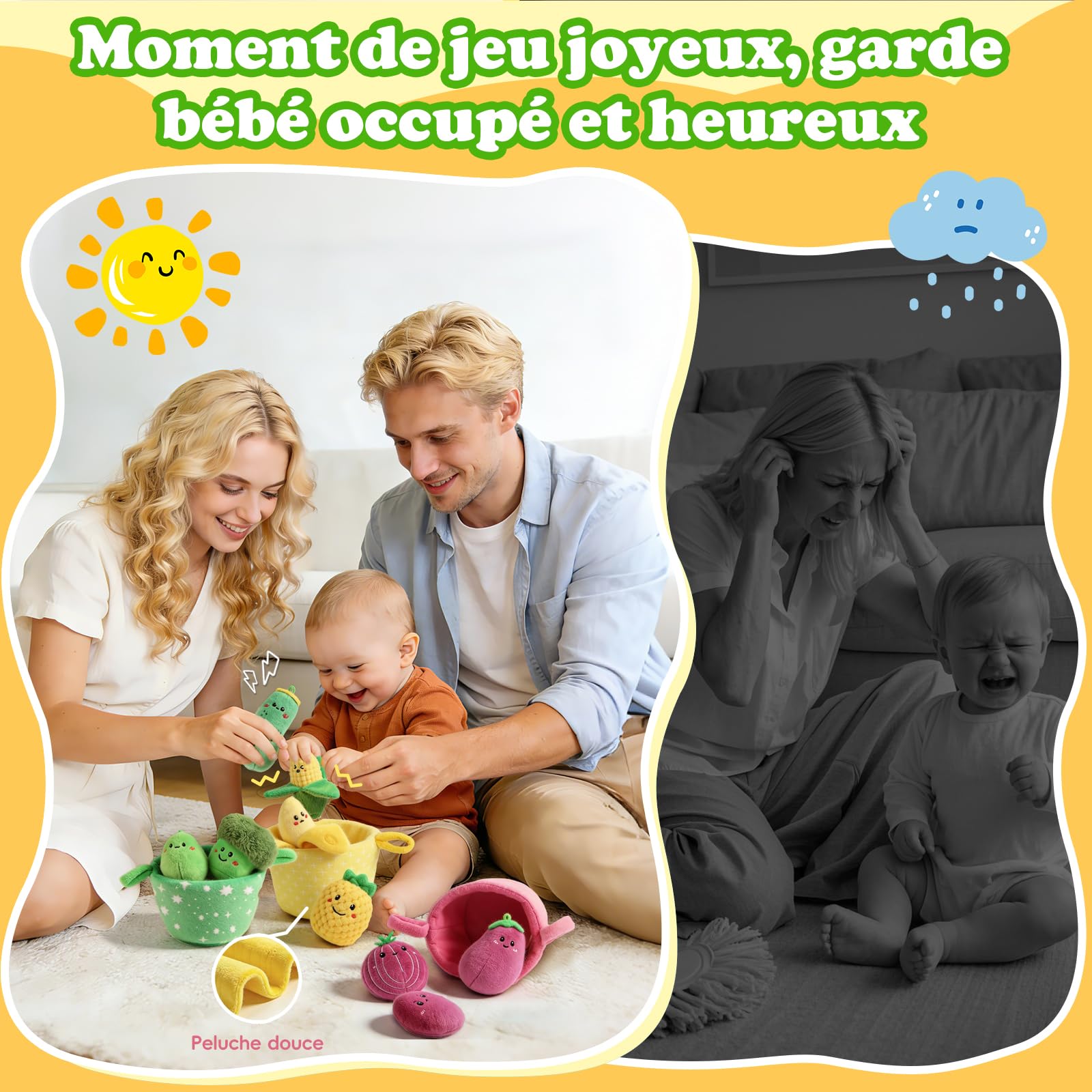 SAIMAND Jouet Montessori Bébé 6M+ Mois, Fruits Légumes en Peluche Originale | Jouet Bebe 1 An, Tri des Couleurs & Motricité Fine, Coffret Sensoriel 16 Pièces avec Paniers, Cadeau Enfant 1 2 3 Ans