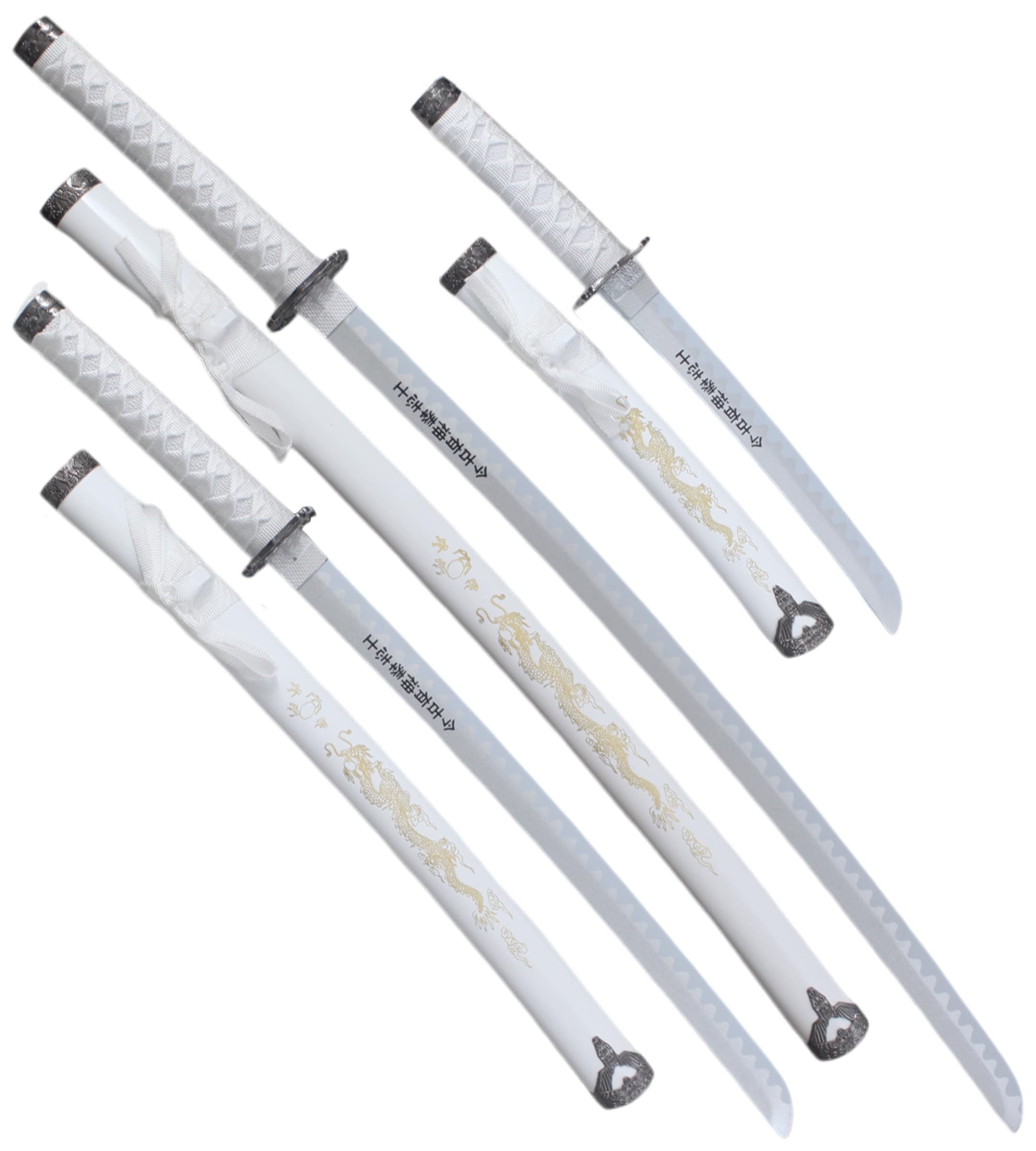 Set 3 Katanas en Bois Lame en Bois Katana Wakizashi Tanto Epee Sabre Katana Japonais Katana Dragon White Edition + Presentoir