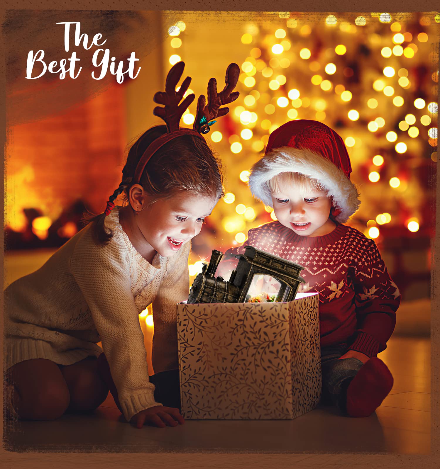 Lewondr LED Schneekugel Weihnachten mit Spieluhr, Zugform Elektrische Schneekugel Weihnachten mit Musik & Licht & Timer Schneemann Weihnachtslicht Batteriebetrieb/USB Beleuchtung, Messing Gold