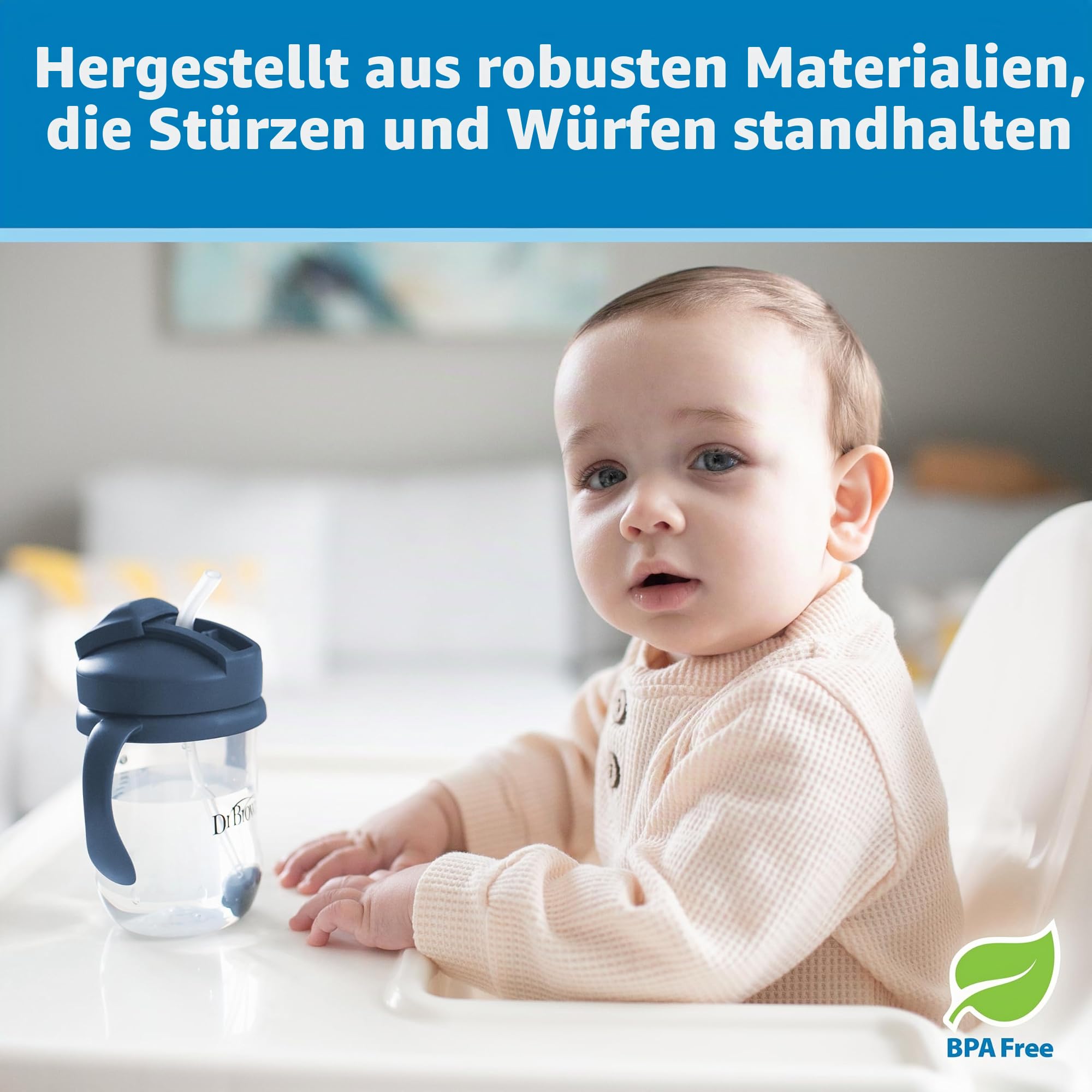 Dr. Brown's Milestones Baby's First Straw Cup, Trainingsbecher mit beschwertem Strohhalm, 270 ml, Dunkelblau, BPA-frei, ab 6 Monaten