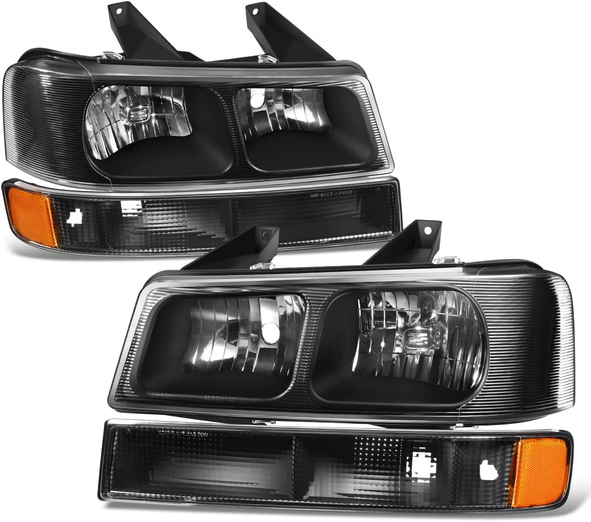 DNA MOTORING HL-OH-CEGS03-4P-BK-AM Pair of OE Style Headlights & Parking/Turn Signal Lights Compatible with 03-14 Express Savana 1500/03-23 Express Savana 2500 3500,Black/Amber