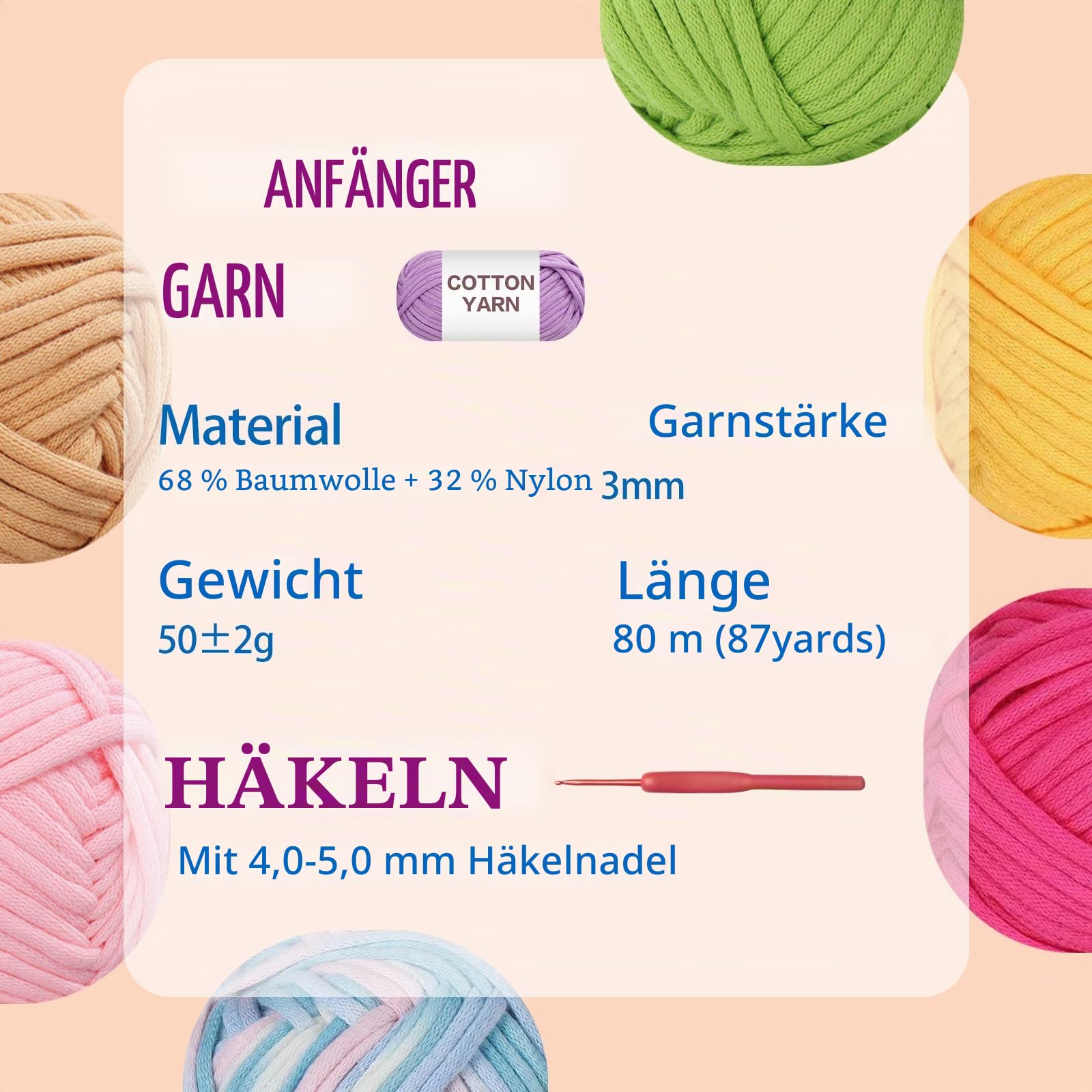 15 × 50 g Anfängergarn-Set zum Häkeln und Stricken, Baumwoll-Nylon-Mischgarn für Handarbeiten, Taschen, Korbpuppen und Kissen A