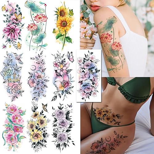 CHARLNET - Tatuajes temporales de flores de acuarela para mujeres y niñas, 10 hojas grandes, tatuajes falsos florales sexys para mujeres, arte