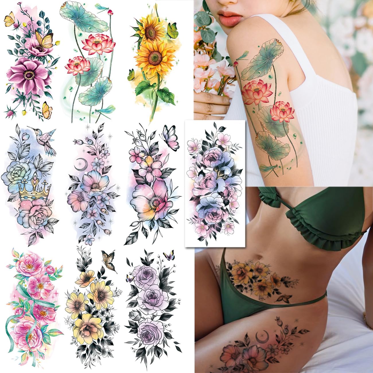 CHARLENT Watercolor Flower Temporary Tattoos for Women Girls - 10 Large Sheets Sexy Floral Fake Tattoos for Women Body Art Arm Back