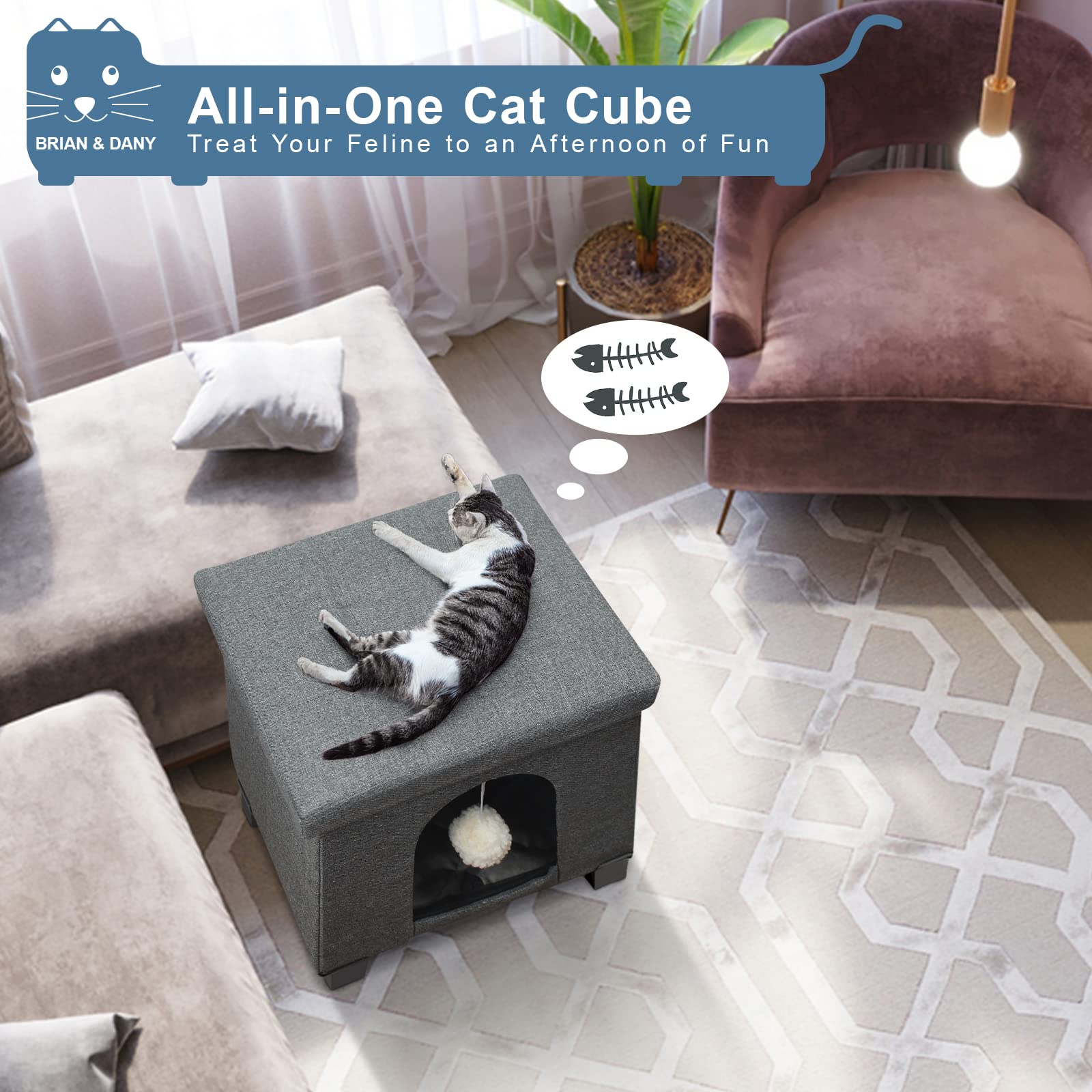 BRIAN & DANY Casa Gato, Cueva para Gatos de Interior, Cama Plegable para Gatos con Tabla Rascador y Pelota de Juego, Taburete con Patas de Madera, 37,5 x 32,5 x 36 cm, Gris
