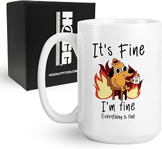 Hogg Dumpster Fire Mug, Funny Coffee Mug, This Is Fine Dog, Dumpster Cup, 15oz Ceramic Gag Gift for Coworker, Sarcastic Novelty Drinkware for Office and Desk, Hot and Cold Beverage Cup for Adults