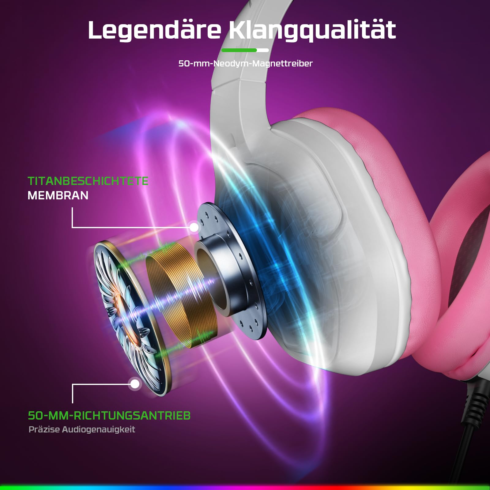 Fachixy FC200 Gaming Headset für PS5, PS4, PC, Xbox One, Super Nintendo (SNES), Gaming-Kopfhörer, Headset mit Stereo-Mikrofon-Sound mit 3,5-mm-Klinkenstecker mit RGB-Licht - Weiss-ROSA