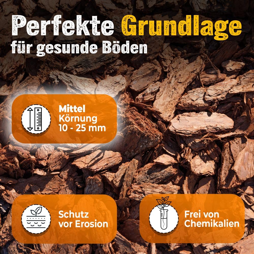 Pinienrinde Mittel 10-25 mm 140L (2x70L) Premium Pinienmulch aus Mittelmeerkiefer – Dekorativer Rindenmulch mit angenehmem Duft – Für besseren Luft- & Wasserhaushalt im Boden – Gartenmulch Pinie