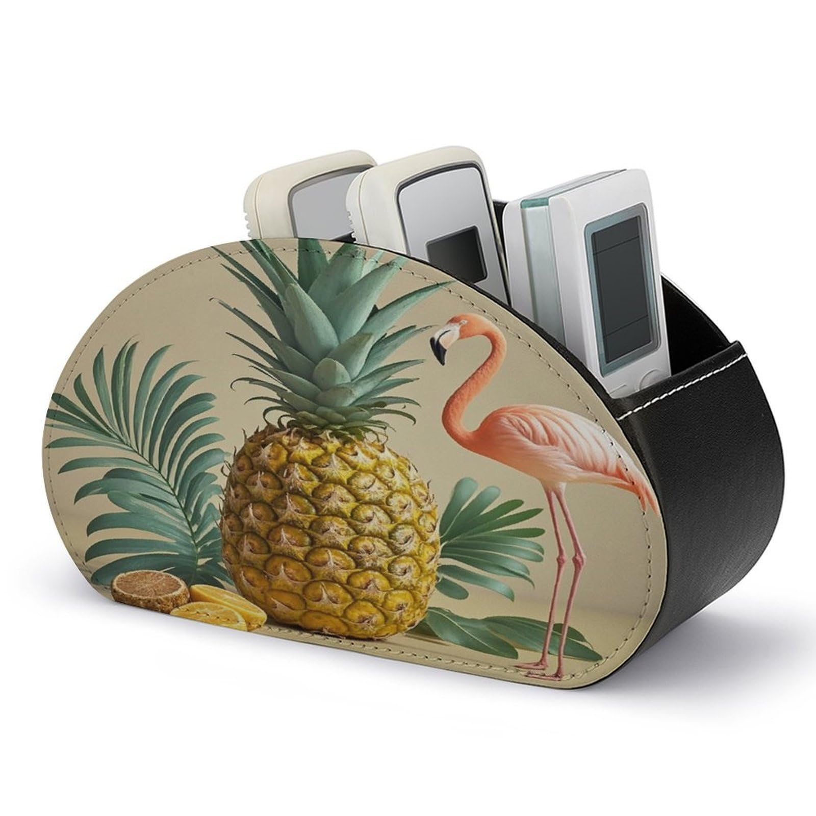 FekiLoot Leather Remote Control Holder with 5 Compartments Pineapple Flamingo Remote Caddy Desktop Organizer Store TV Remote Holder Remote Organizer for Bedside Table Office Desk
