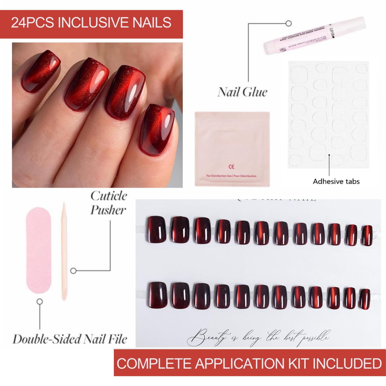 Cat Eye Press on Nails Short Coffin Shape,24PC Ruby Red Cat Eye False Nails with Acrylic Nails Texture,Easy Application Sparkly Glitter Nail Press-On for Women,Reusable Fake Nails(Ruby Red) - Image 3