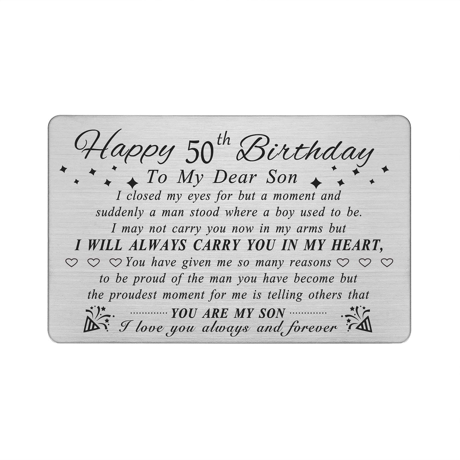DEGASKEN Happy 50th Birthday Card for Son, Stainless Steel Keepsake Gift for 50 Year Old Men, Present for Him from Mum Dad