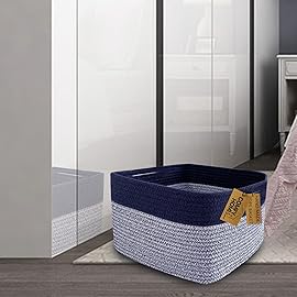 COMFY-HOMI Rectangular Cotton Rope Basket With Handles for Shelves|Dog Toy|Baby Gift - Dark Blue (13.5 x 11 x 9.5)