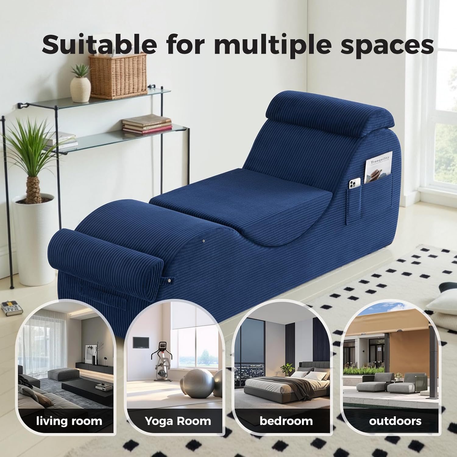 Yoga Chairs for Adults, Ergonomic Chaise Lounge Chair Indoor with Side Pocket, Lumbar Pillow, Ottoman, Yoga Chair Perfect for Stretching, Relaxation, Exercise, Used in Bedroom, Living Room（Blue）