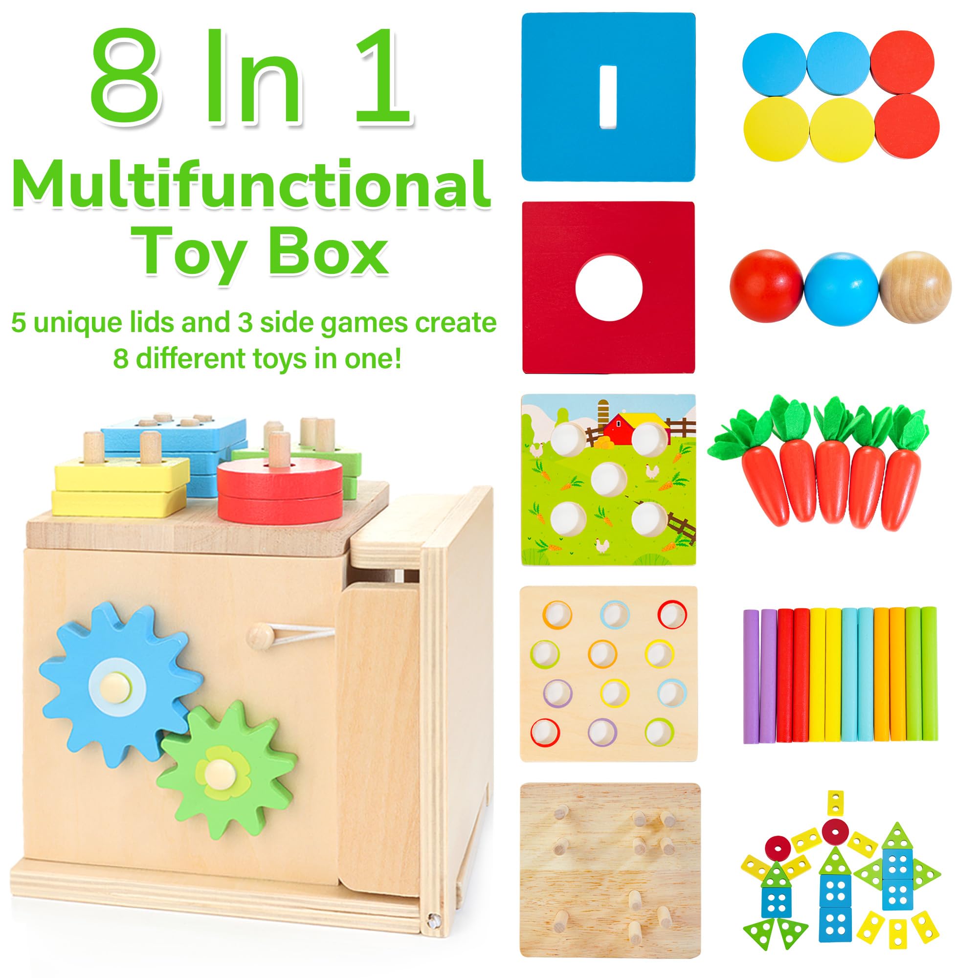 Juguetes Montessori para niños de más de 1 año, kit de juego de madera 8 en 1, incluye caja permanente de objetos, cubo de actividades de aprendizaje, juguete de clasificación y apilamiento, 2
