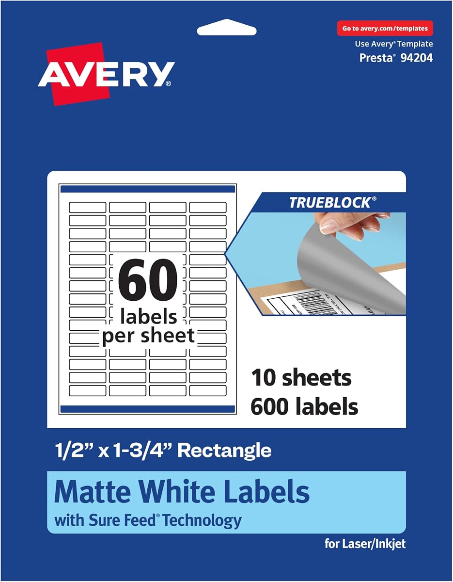 Avery TrueBlock Matte White Rectangle Labels, Sure Feed Technology, 0.5" x 1.75", 600 Matte White Labels, Print-to-The-Edge, Laser/Inkjet Printable, Great for Packaging and Product Merchandising