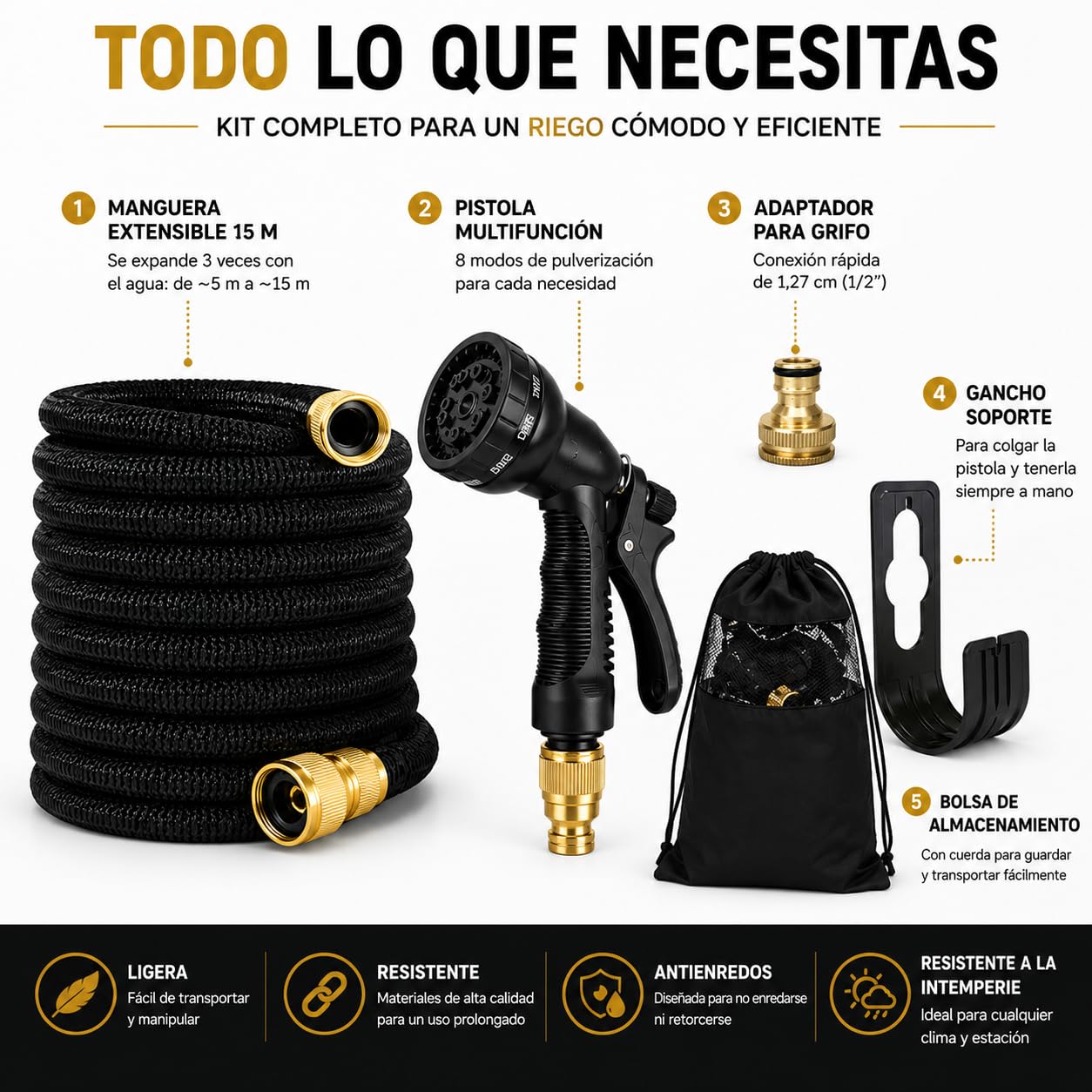 Manguera Extensible Jardín hasta 15 metros con Pistola de Riego Premium de 8 modos, Conectores de Latón 1/2 y 3/4, Resistente y duradeea. Manguera agua flexible Reforzada Antifugas Alta Presión