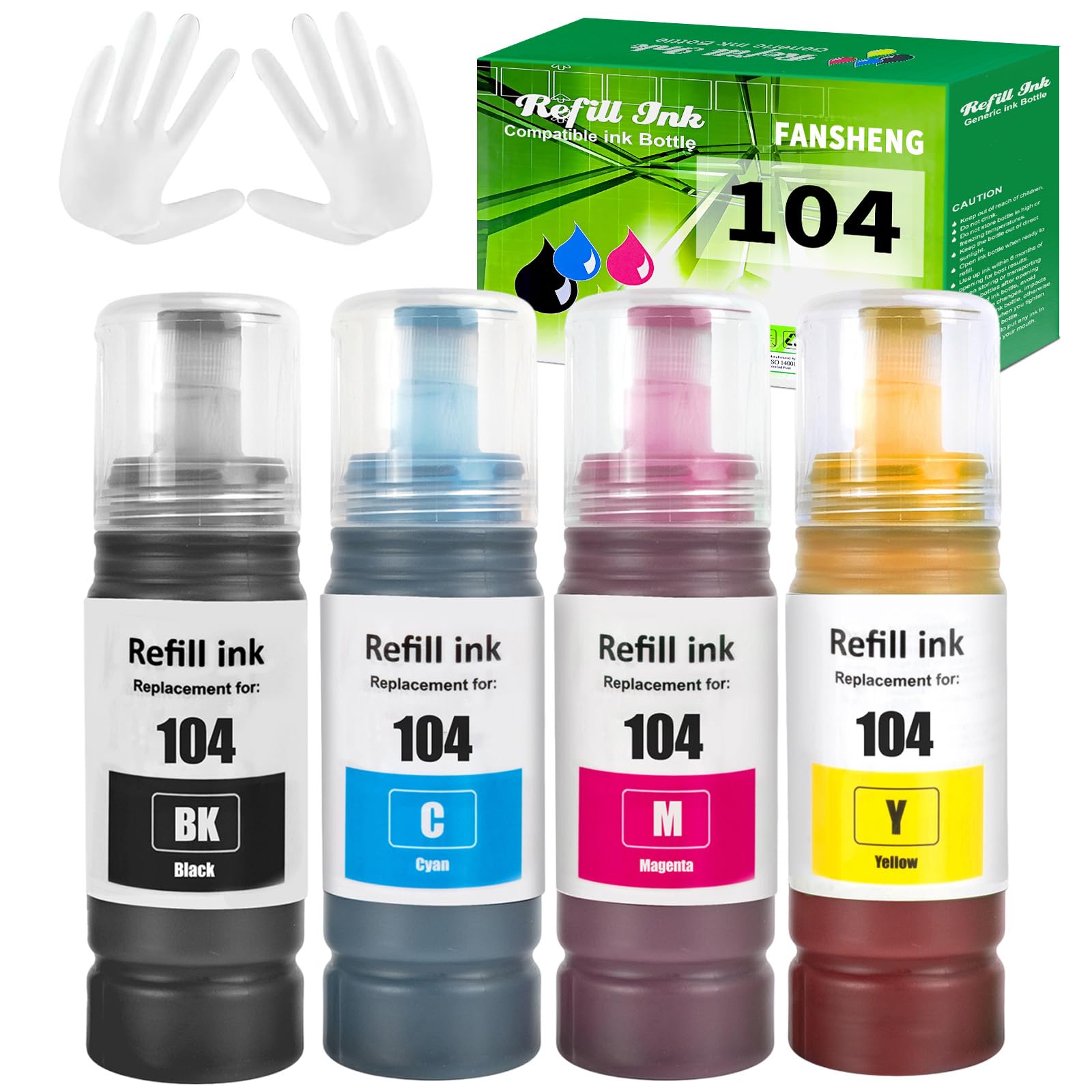 FANSHENG 104 Inchiostro compatibile con epson 104 le cartucce 104 per ET-1810 ET-2870 ET-2720 ET-2715 ET-2721 ET-2712 ET-2810 ET-2820 ET-2821 ET-2825 ET-2826 ET-4700 ET-4800 (4 Pack BK/C/M/Y)