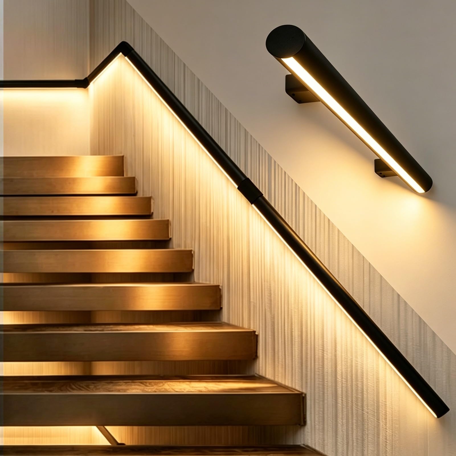 Motion Activated Illuminated Stair Handrail for Loft Porch, Heavy Duty LED Lighting Staircase Rails, Safe Night Walking Aluminum Support Bar(Right Warm Light,2.3ft/0.7m)