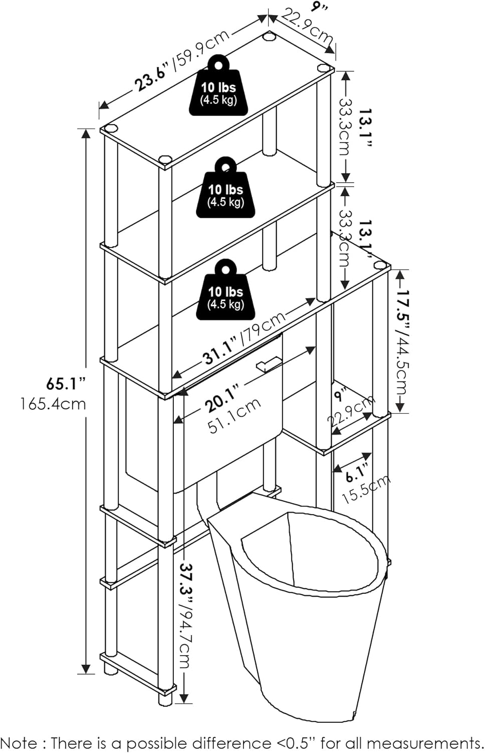 Furinno Turn-N-Tube Toilet Space Saver with 5 Shelves, White/White