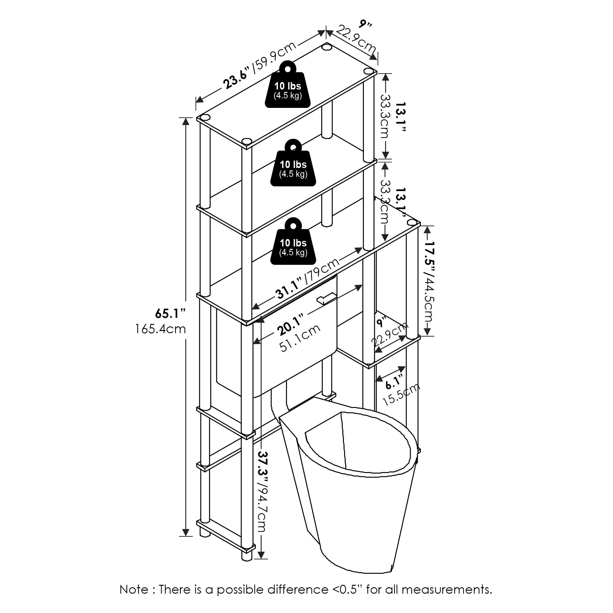 Furinno Turn-N-Tube Estantería De Baño Independiente para Ahorrar Espacio con 5 Estantes para Colocar sobre El Inodoro Color Blanco
