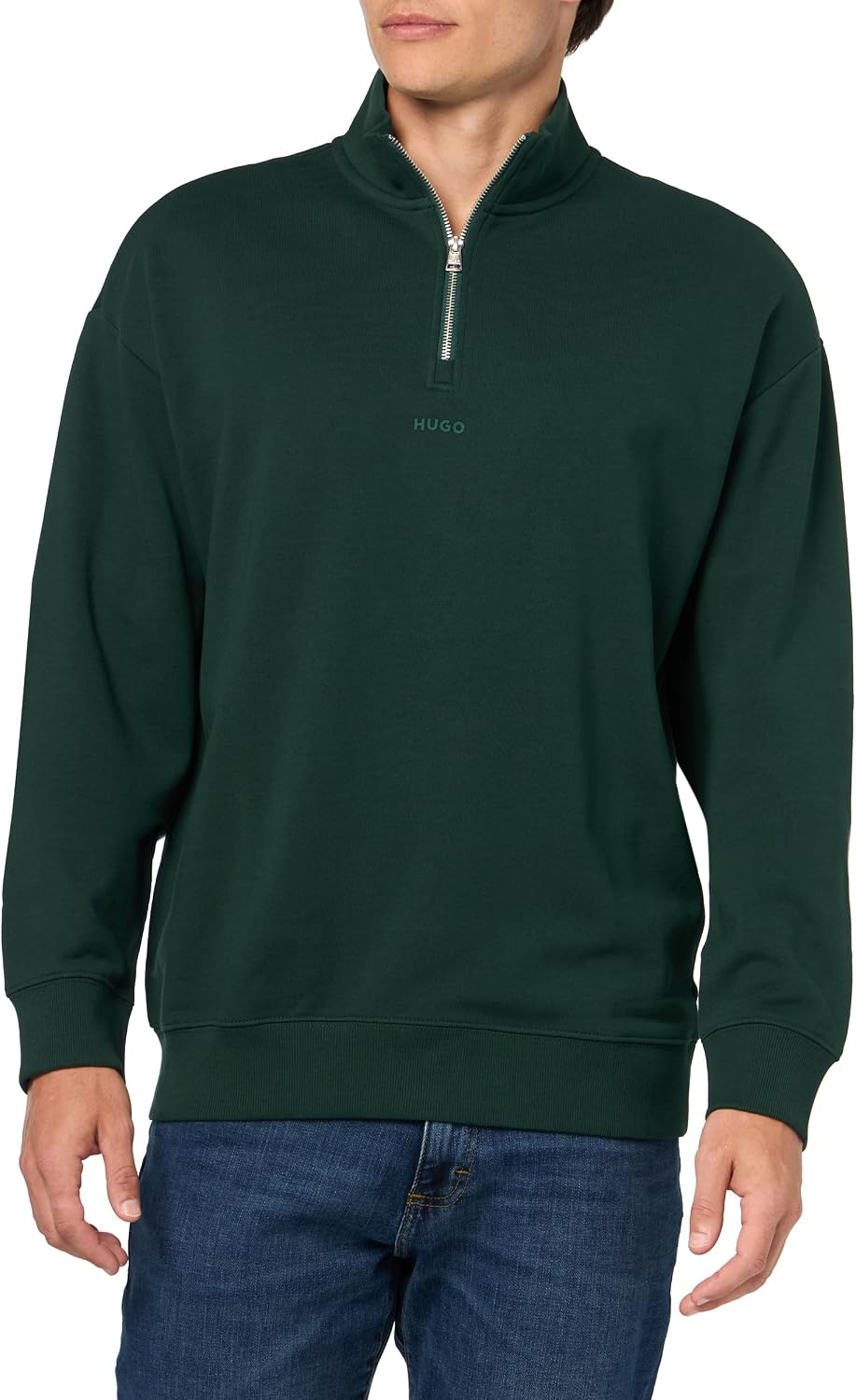 HUGO Men's Square Logo Quarter Zip Cotton Long Sleeve Sweatshirt