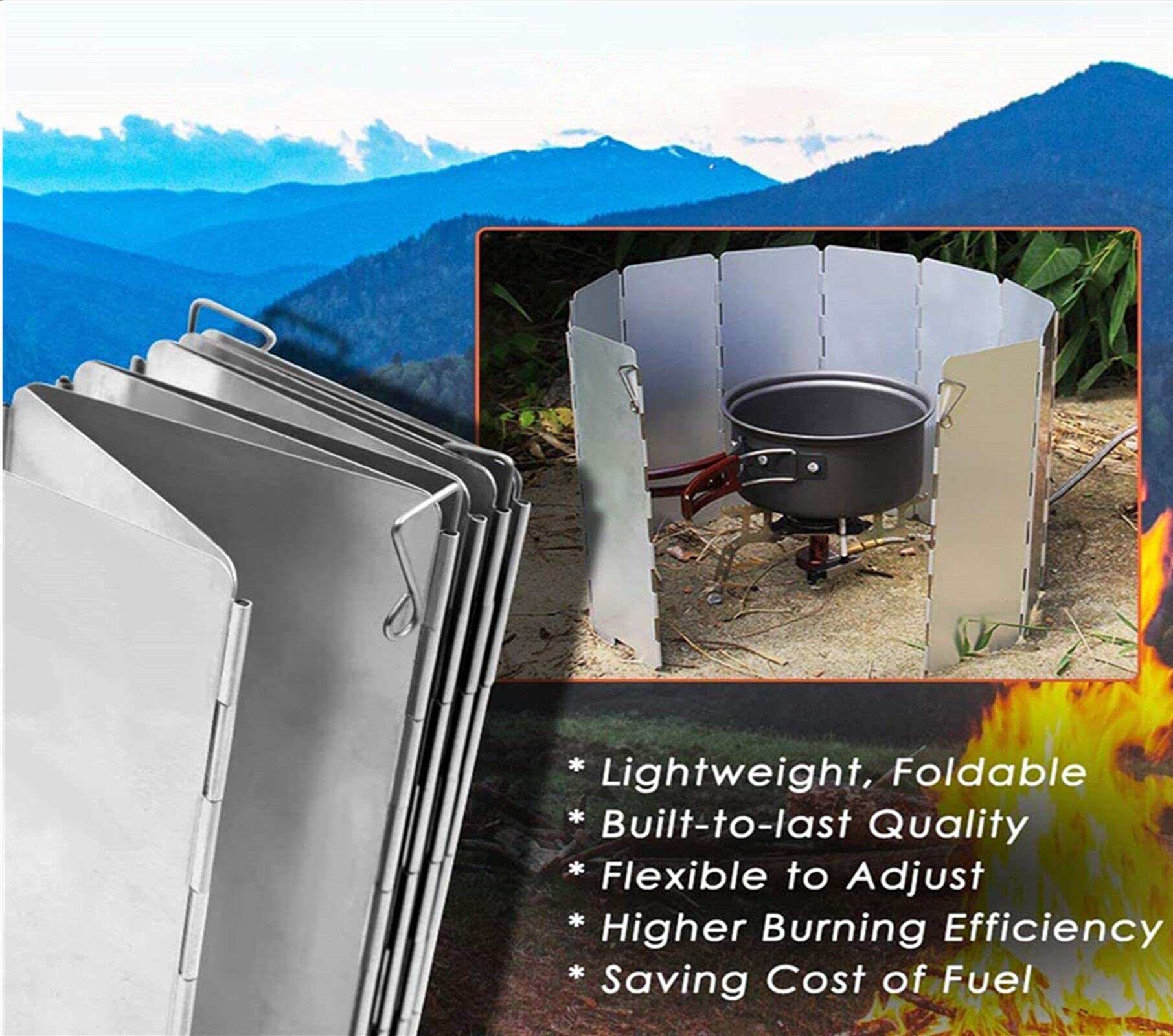 10 Plaques Pare-Brise de Camping, Pare-Vent Pliable en Alliage d'aluminium, Camp Réchauds Pare-Brise Outdoor avec Loquet, Portable Pare-Vent Cuisine pour Barbecue Pique-Nique