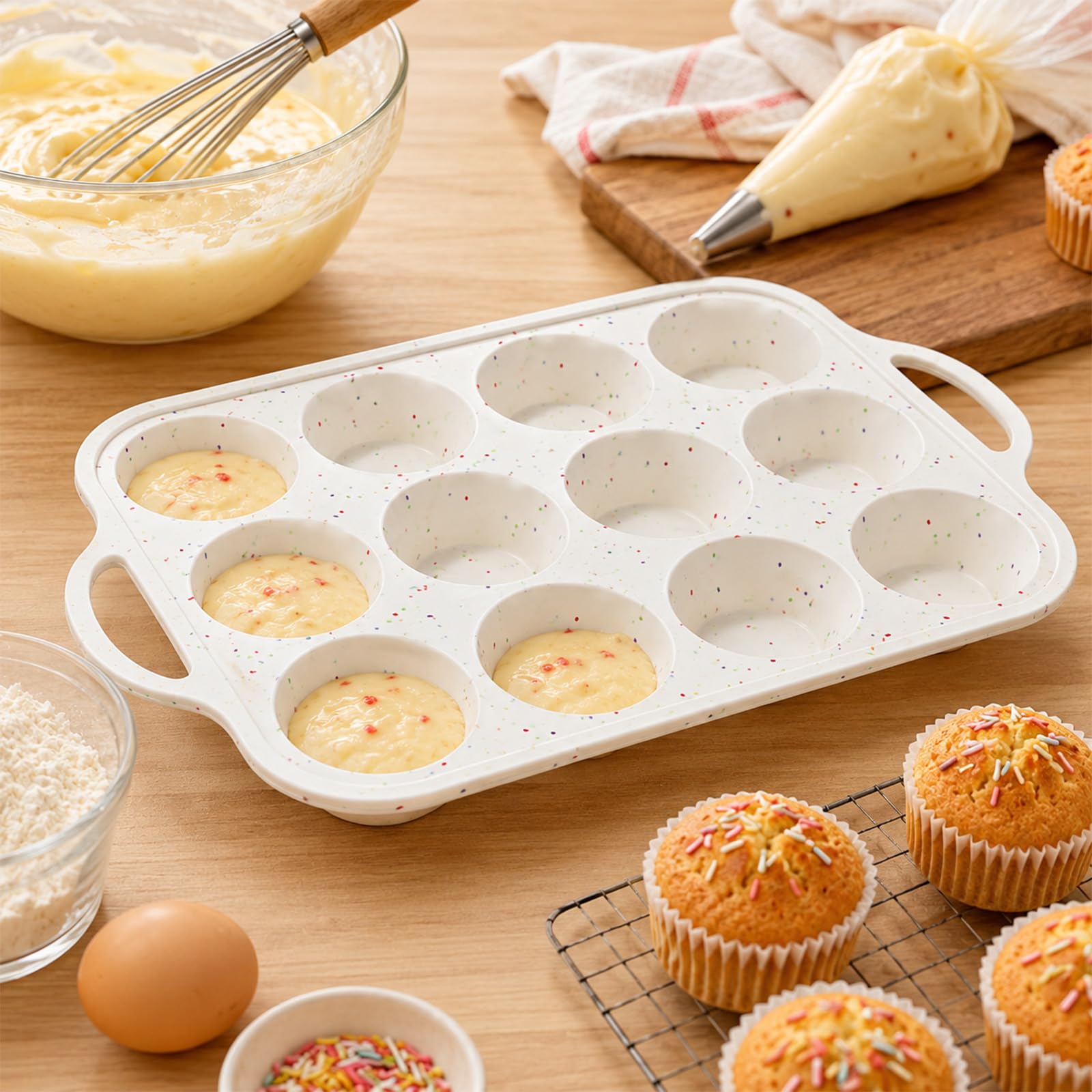 Ensemble de 2 moules à muffins en silicone de qualité alimentaire, ustensiles de cuisson de cuisine, moule à cupcakes réutilisable à dégagement facile pour la cuisson par lots, four à micro-ondes, à à