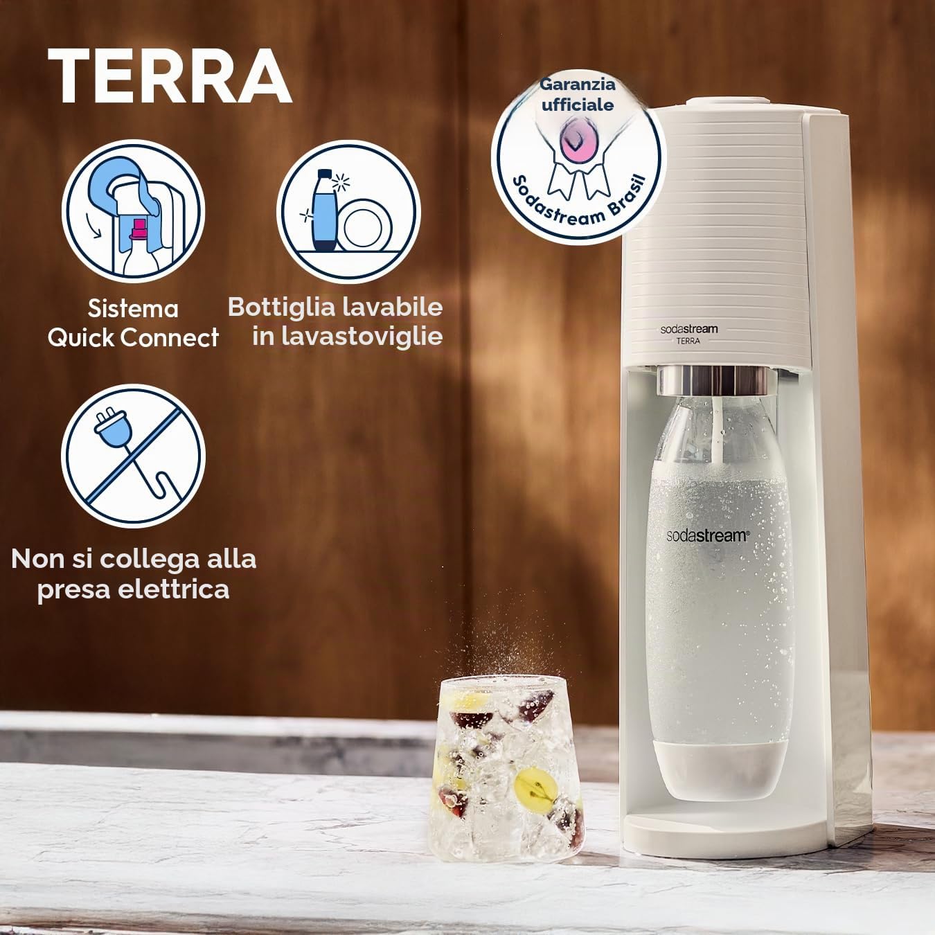 sodastream Gasatore Terra White con 1 bottiglia fuse lavabile in lavastoviglie da 1L e 1 cilindro di nuova generazione Quick Connect per gasare fino a 60L