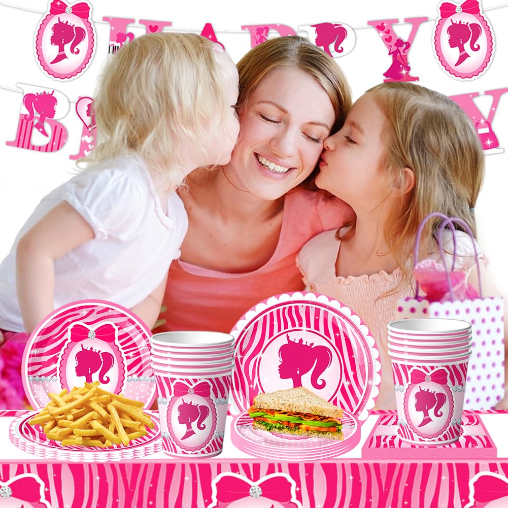 52Pcs Stoviglie per Compleanno Barbiprincipessa, Principessa Party Compleanno, Piatti Tazze Tovaglioli Banner Tovaglie, Kit di Stoviglie per la Festa di Compleanno, 10 Ospiti