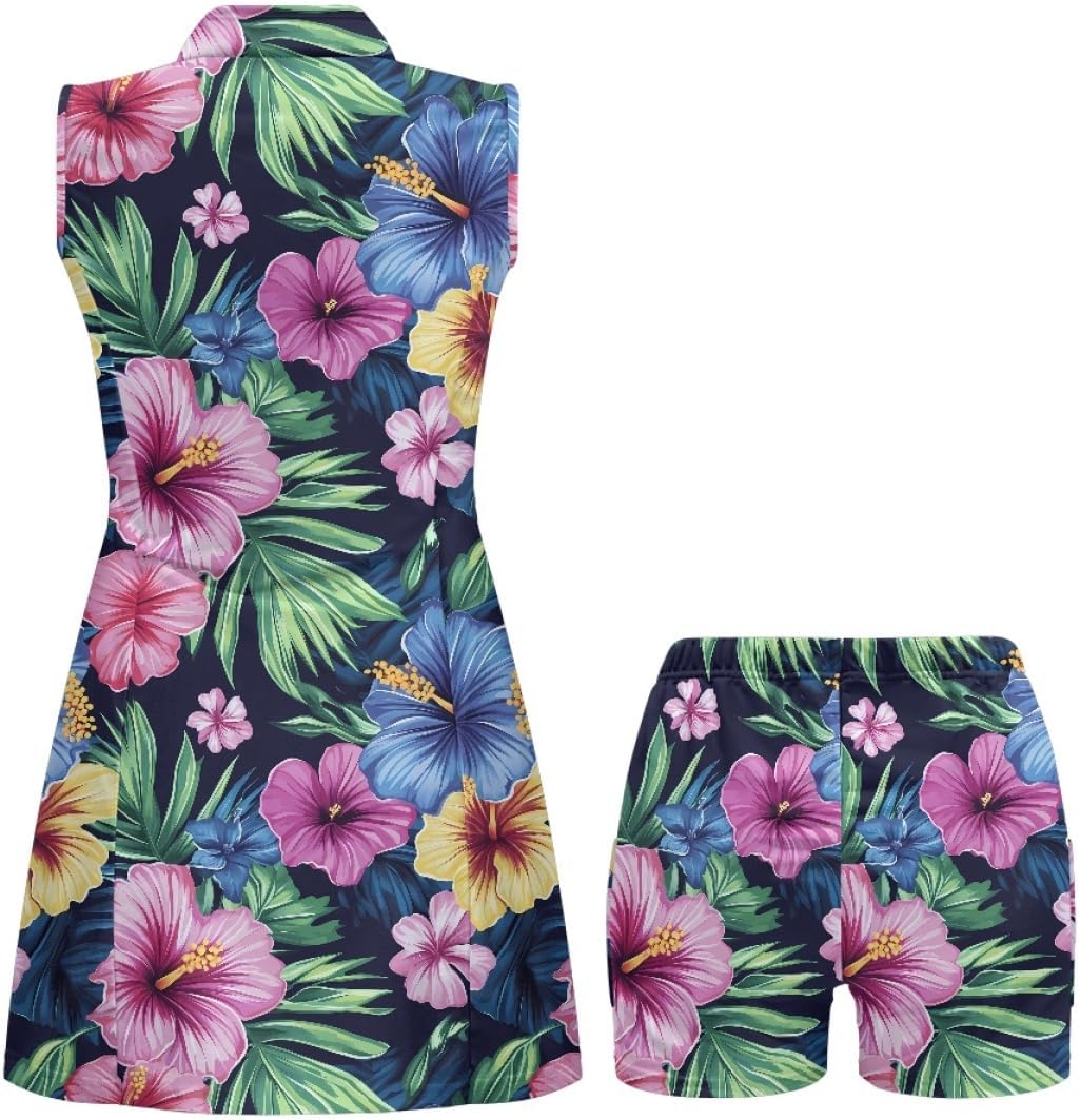 GLUDEAR Women Polynesia Hibiscus Tennis Dress Hawaiian Coconut Palms Print Sleeveless Golf Athletic Dresses with Shorts
