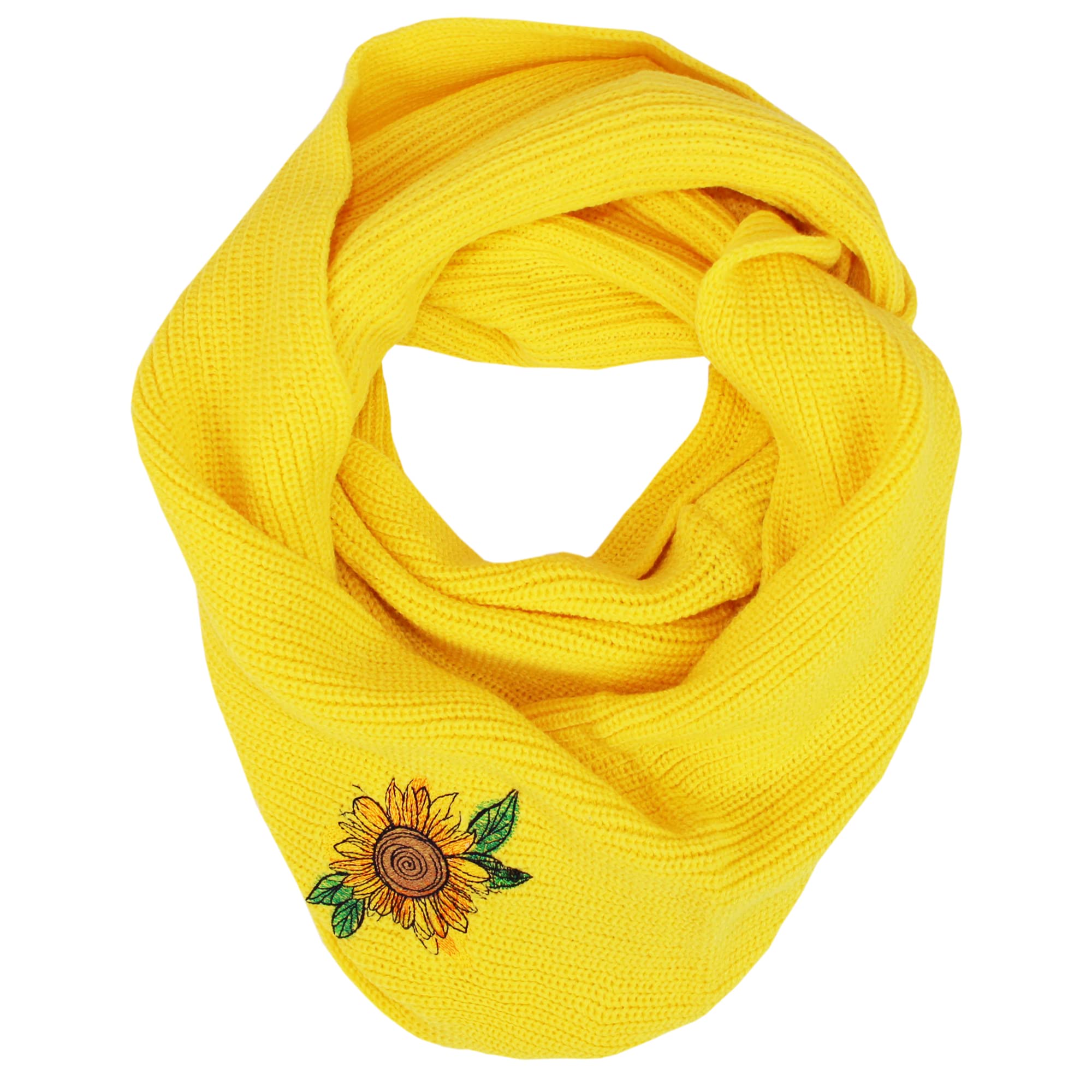 Teddyts Women's Yellow Sunflower Embroidered Double Wrap Knitted Snood Scarf (Yellow), One Size
