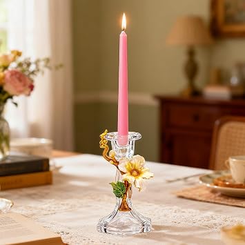 Handcrafted Enamel Floral Glass Candlestick Holder Elegant Taper Candle Holder for Home Decor, Weddings, Special Occasions, and Gift Giving