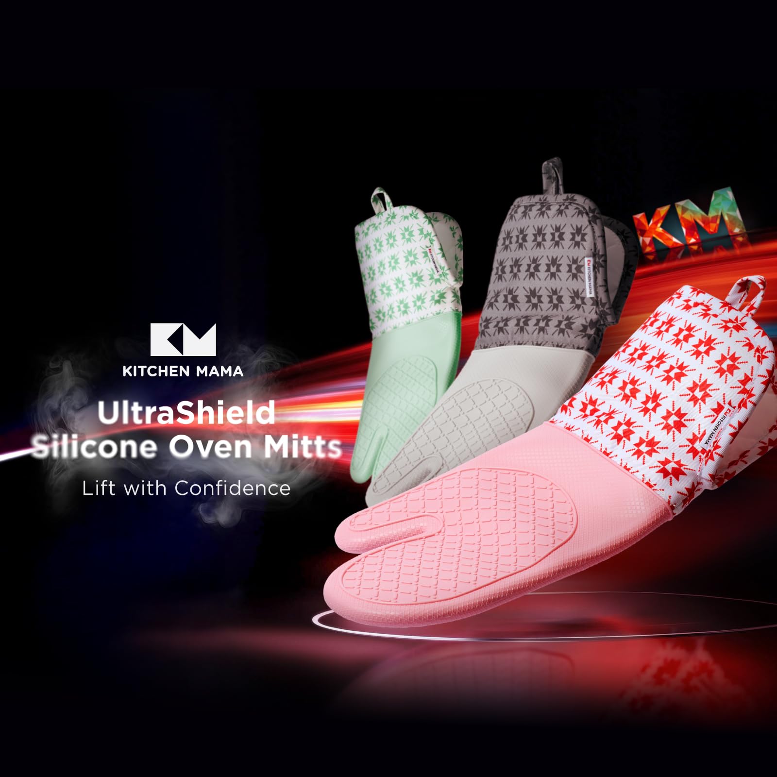 Kitchen Mama UltraShield - Guanti in silicone resistenti al calore, superficie antiscivolo, durevoli, sicuri, flessibili, impermeabili, perfetti per cucinare, cuocere, grigliare