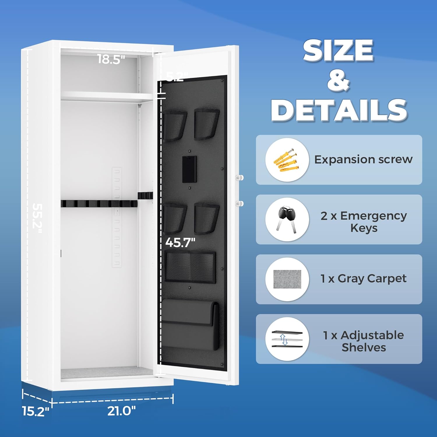 Greenvelly 14-16 Gun Safe for Rifles and Shotguns, Fireproof Gun Safe with Keyboard Lock, Gun Cabinet for Rifles and Pistols, Quick Access Rifle Safe with Pocket and Gun Rack for Home, White