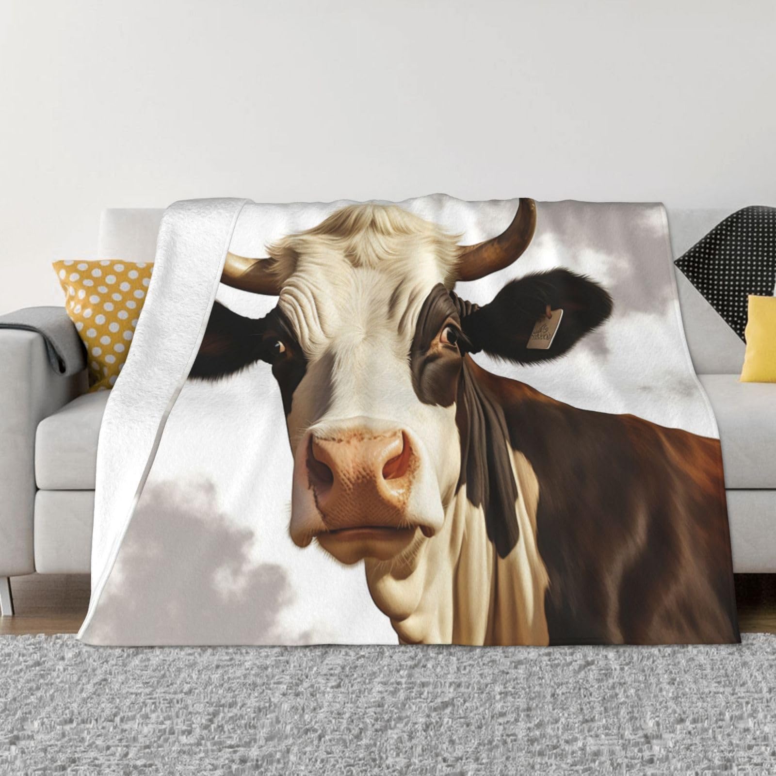 Jeté de lit en micro-polaire légère imprimé vache 127x101cm pour voyage et canapé