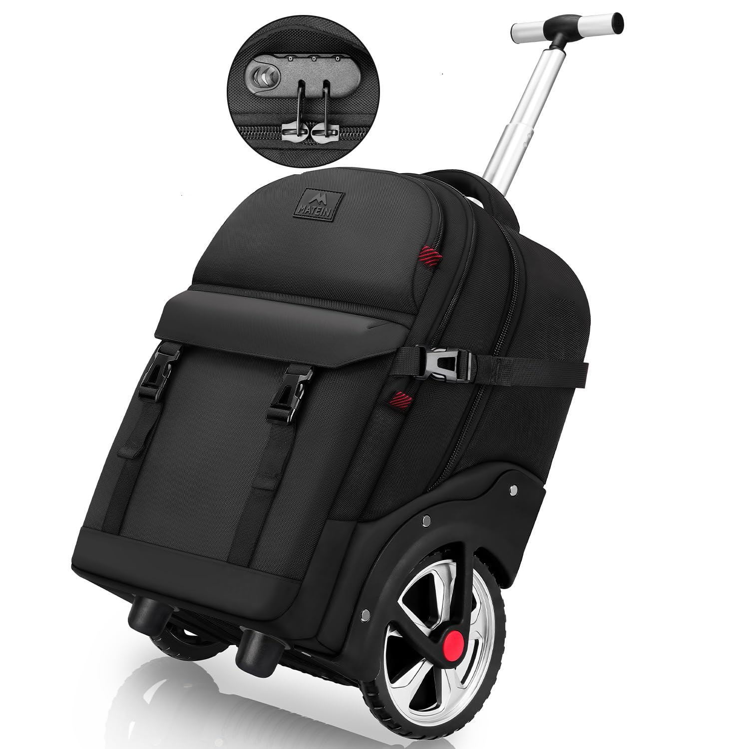 MATEIN Zaino Trolley, Zaini Bagaglio a Mano con Ruote, Zaino Porta PC 17 Pollici, Impermeabile e Antifurto Zaini Viaggio con Rotelle per Uomo, Donna, Scuola, Università, Affari, Nero