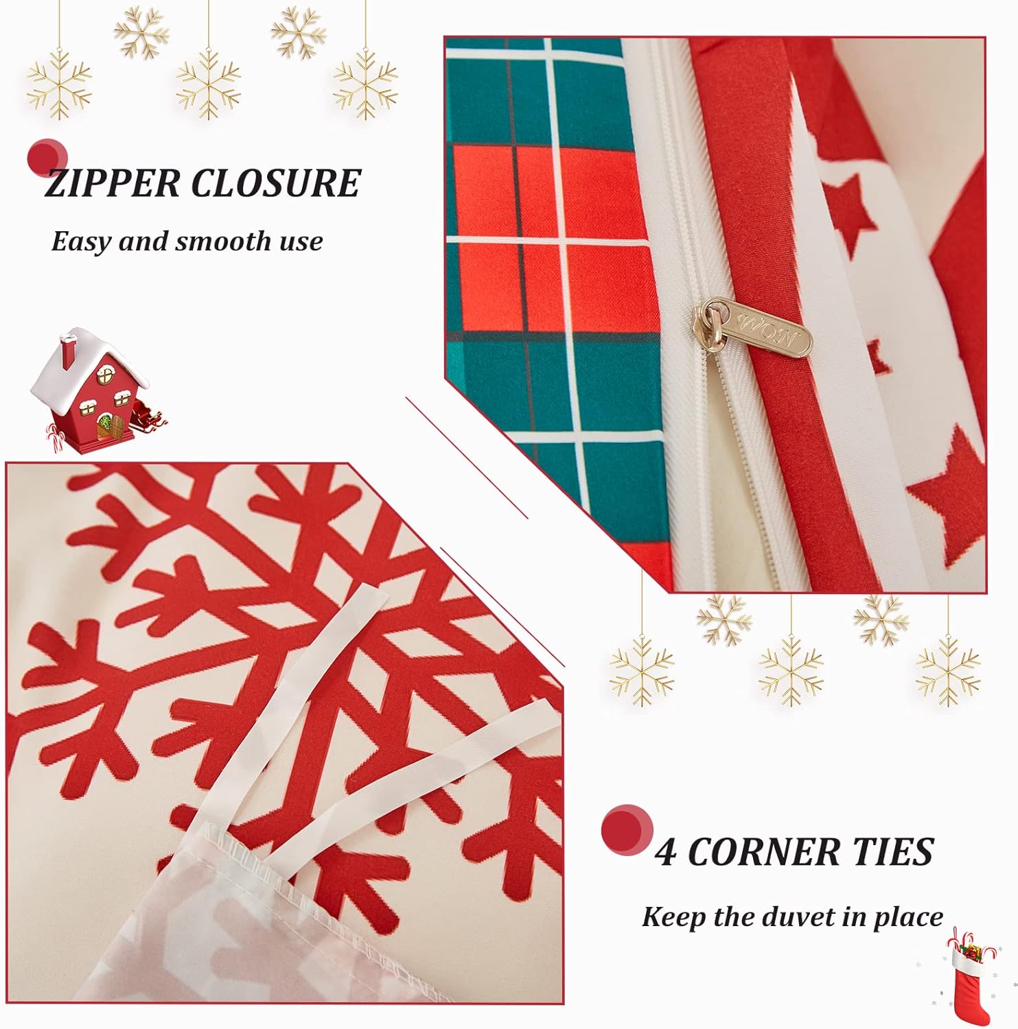 Dobuyly Christmas DuveSet Queen Christmas Tree Snowflake Bell Pattern Patchwork Bedding Set Reversible Red Green Plaid Xmas Comforter Cover with 2 Pillowcases