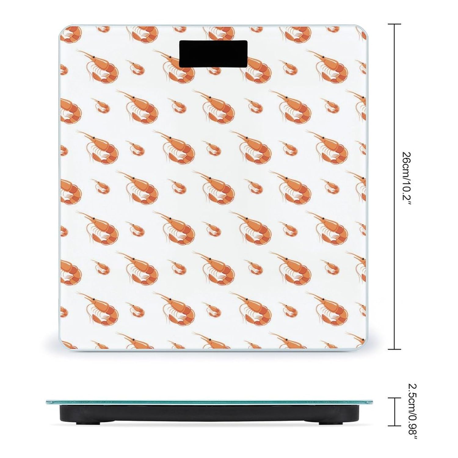 Diagram showing the dimensions of the Novastar Shrimp No.901 Digital Body Weight Scale: 26cm/10.2 inches in length and width, and 2.5cm/0.98 inches in height.