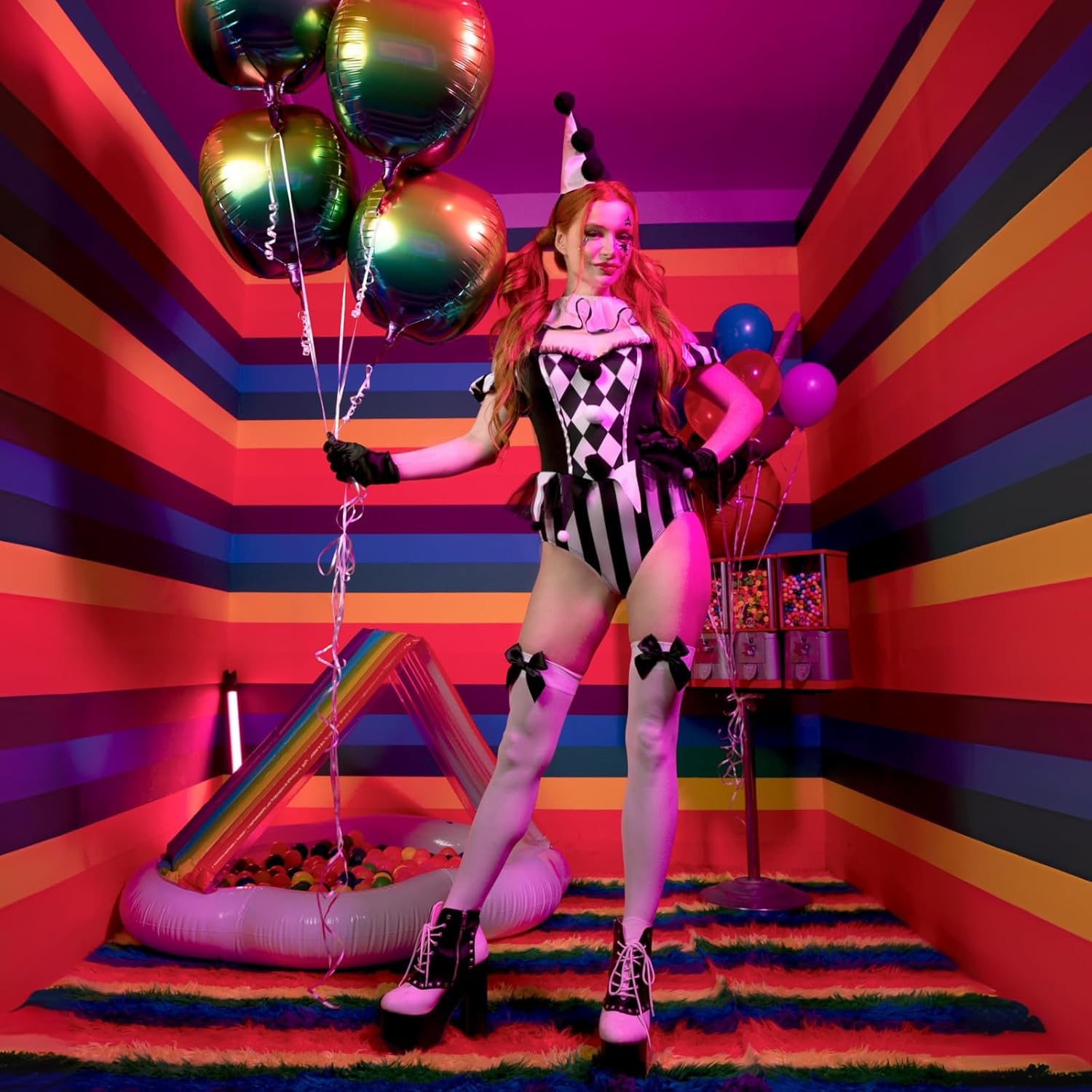 Leg Avenue Women's 4 Pc Captivating Circus Clown with Snap Crotch Bodysuit With Neck Ruffle, Wrist Ruffles, Hat Headband - Image 6