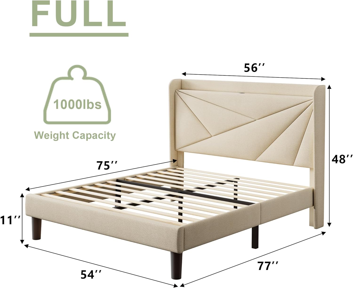 Feonase Full Bed Frame with Charging Station, Linen Upholstered Platform Bedframe with Wingback Headboard, Solid Wood Slats Support, Noise Free, No Box Spring Needed, Beige