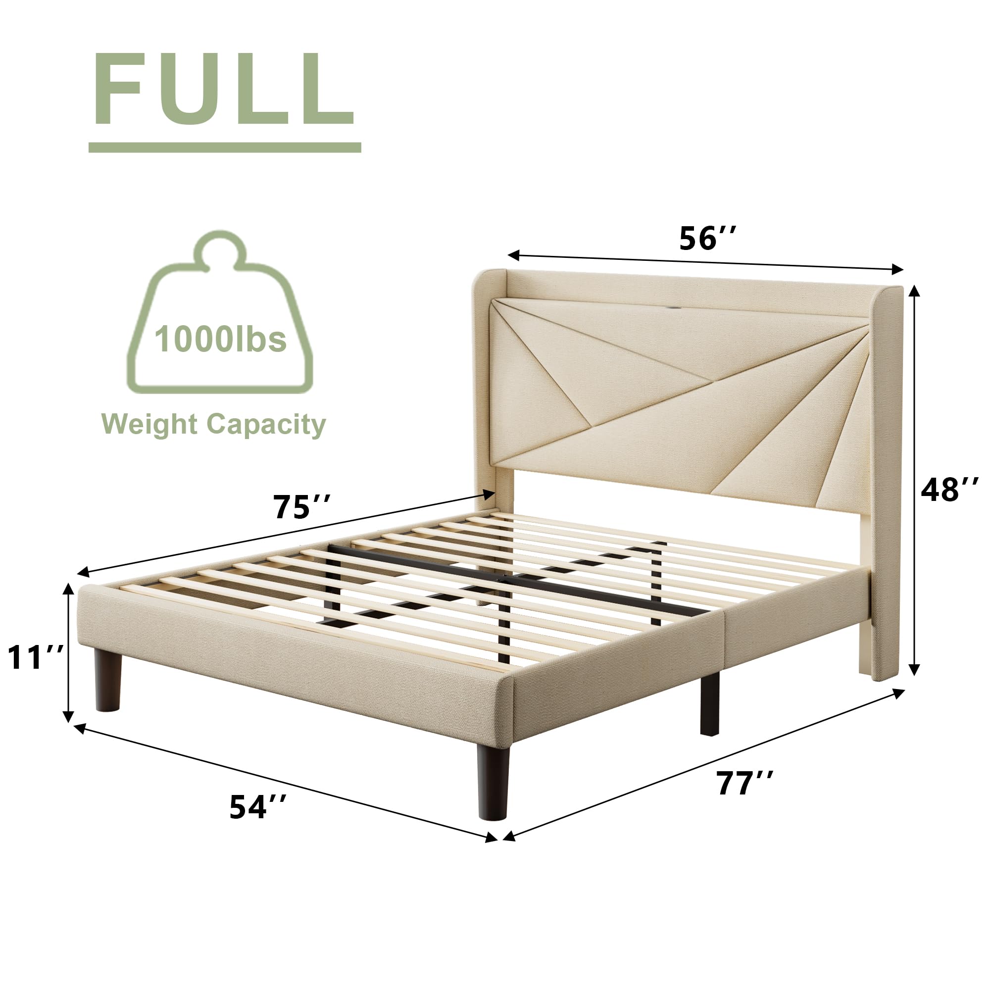 Feonase Queen Size Bed Frame with Charging Station, Linen Upholstered Platform Bed Frame with Wingback Storage Headboard, Solid Wood Slats Support, No Box Spring Needed, Noise Free, Gray: Beige Full