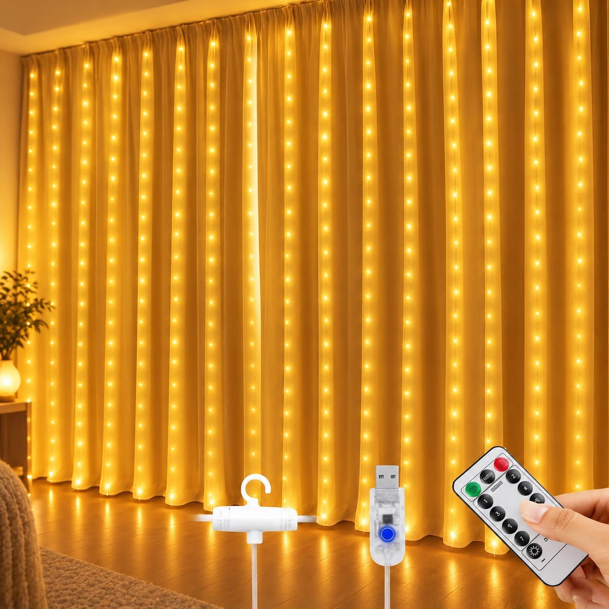 Gesto USB Curtain Fairy Lights for Decoration โ 300 Led String Lights with 8 Modes Remote | Warm White Decorative Lights for Home Decor, Room,Wall, Balcony, Christmas & Diwali Decoration- 9.8x9.8 Ft