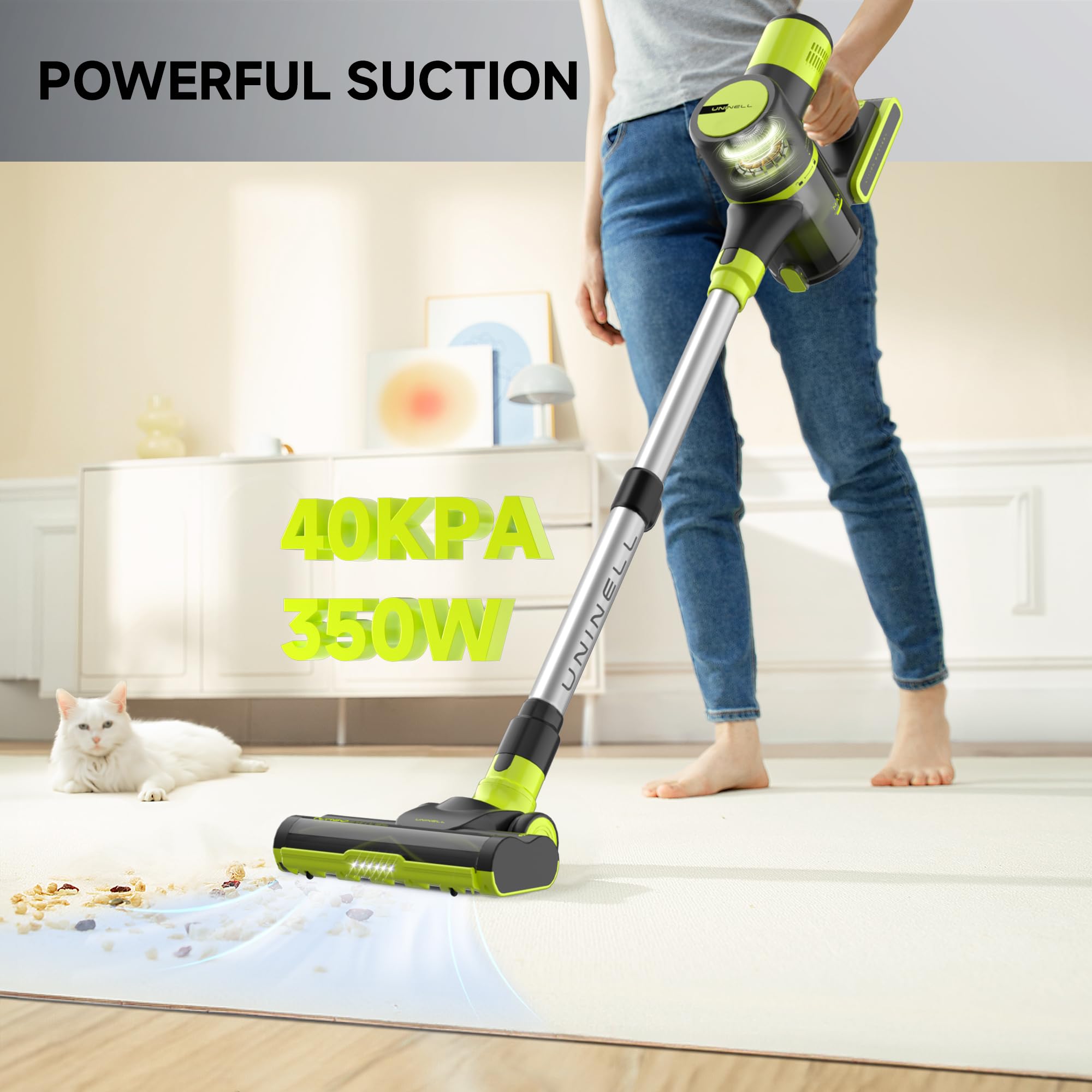 UNINELL HOME Cordless Vacuum Cleaner, 45Kpa 55 Mins Vacuum Cleaners for Home, Lightweight, Anti-Tangle, Self-Standing, Rechargeable Vacuum Stick Cordless for Pet Hair, Carpet, Hardwood Floors