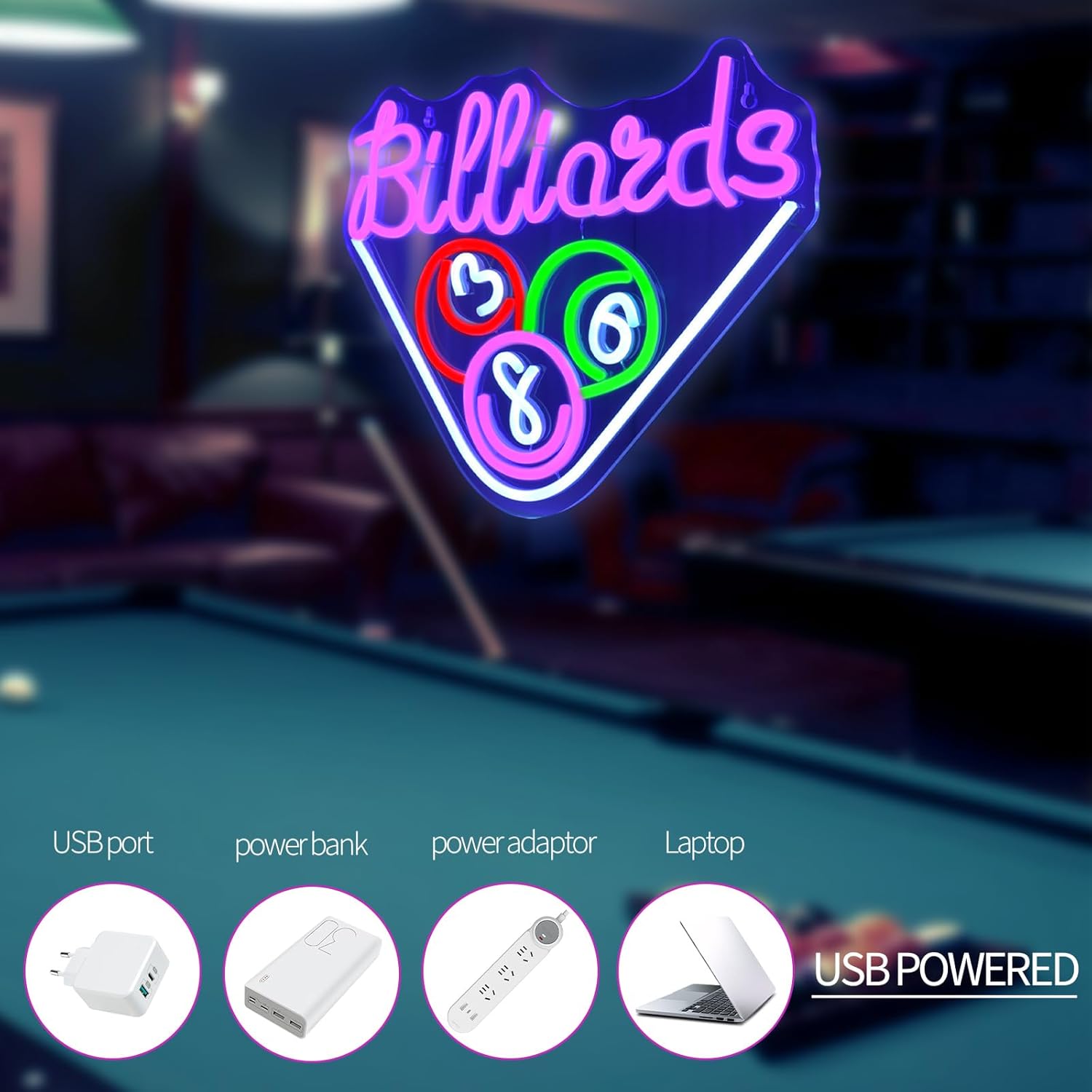 Billiards Neon Signs for Wall Decor Purple LED Light Sign for Preppy Room Decor Light Up Sign for Game Room Birthday Party Decoration USB Powered - Image 6