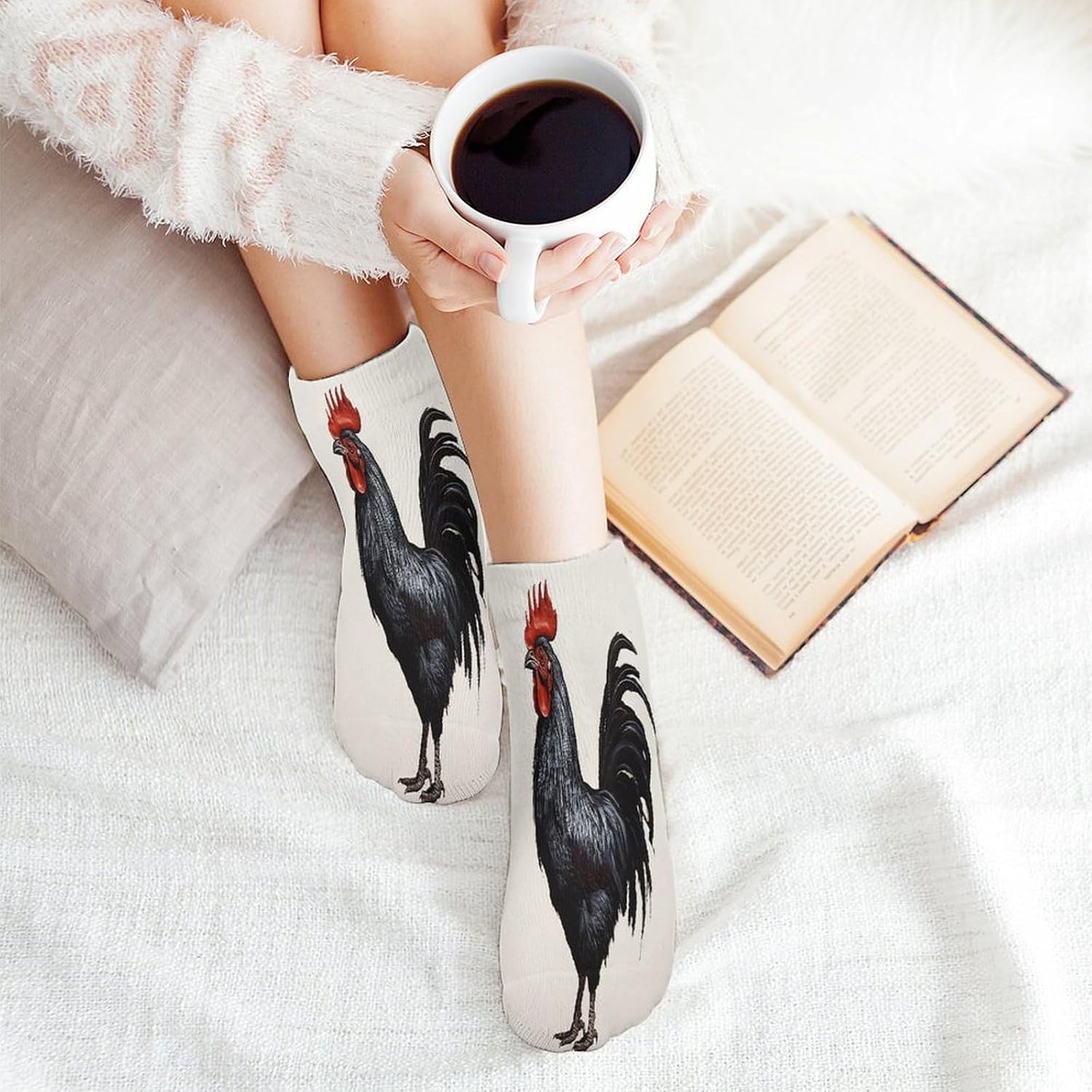 Black Rooster Crew Sock for Men Women Funny Novelty Socks Athletic Ankle Socks Comfort Soft Low Cut Tab Sock 5 Pairs