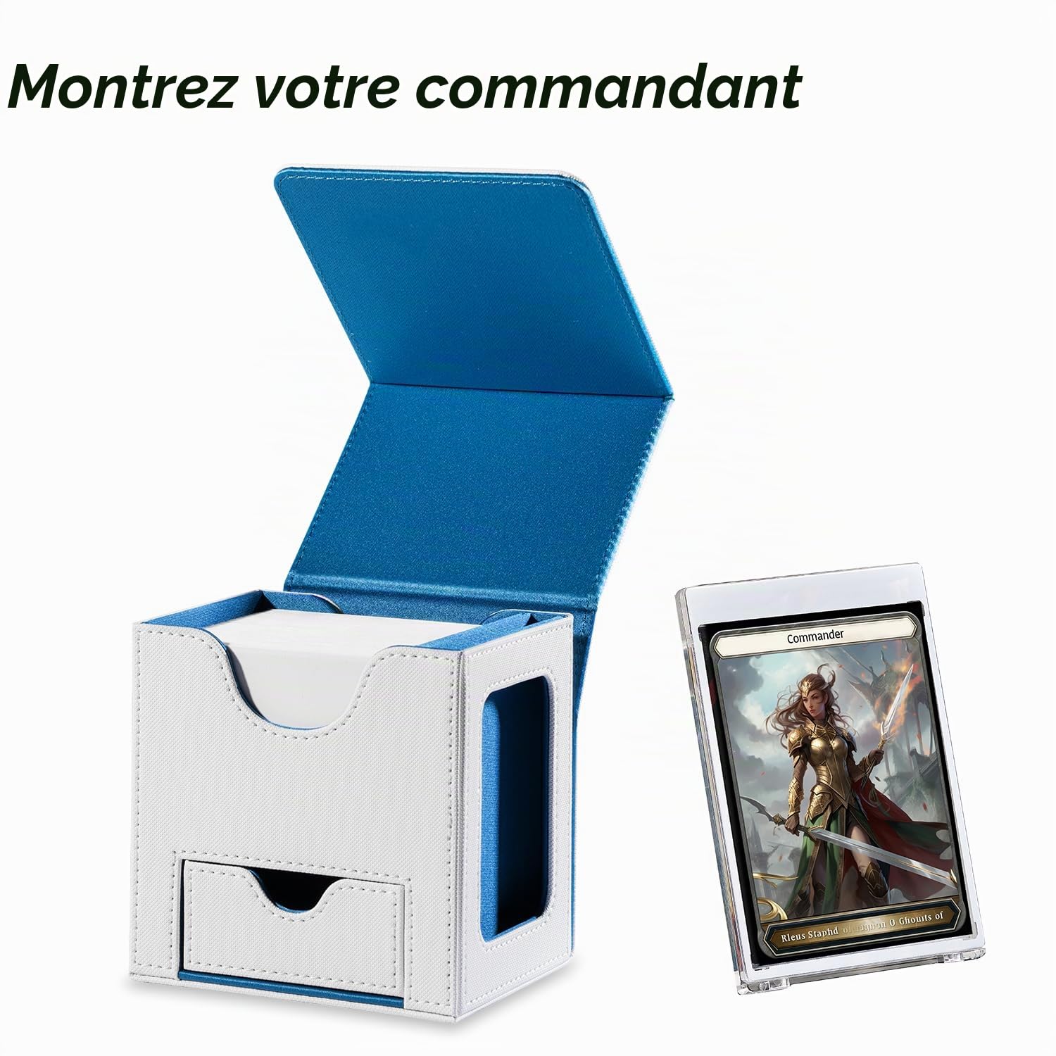 Mage Tech Card Deck Box for MTG Commander - Patented Design, Commander Display, Fits 100 Double-Sleeved Cards, 35pt Card Brick & Dice Tray - White/Blue