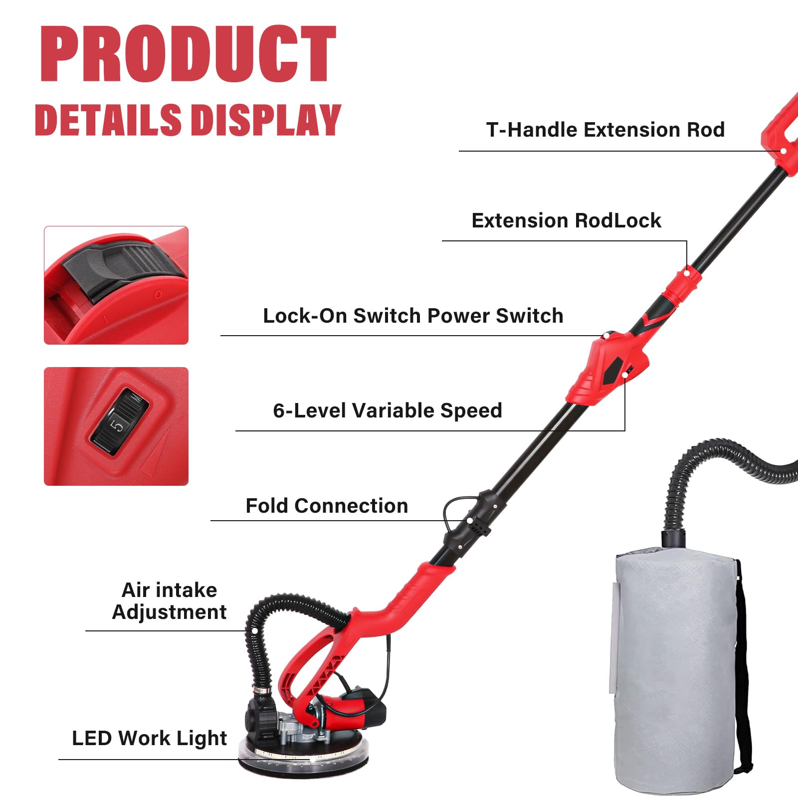Lijadora de Pared de 750 W con 14 Discos de Lijado, Luz LED de 6 Velocidades, Plegable, de Recolección de Polvo para Pulido de Paneles de Yeso (Enchufe europeo)