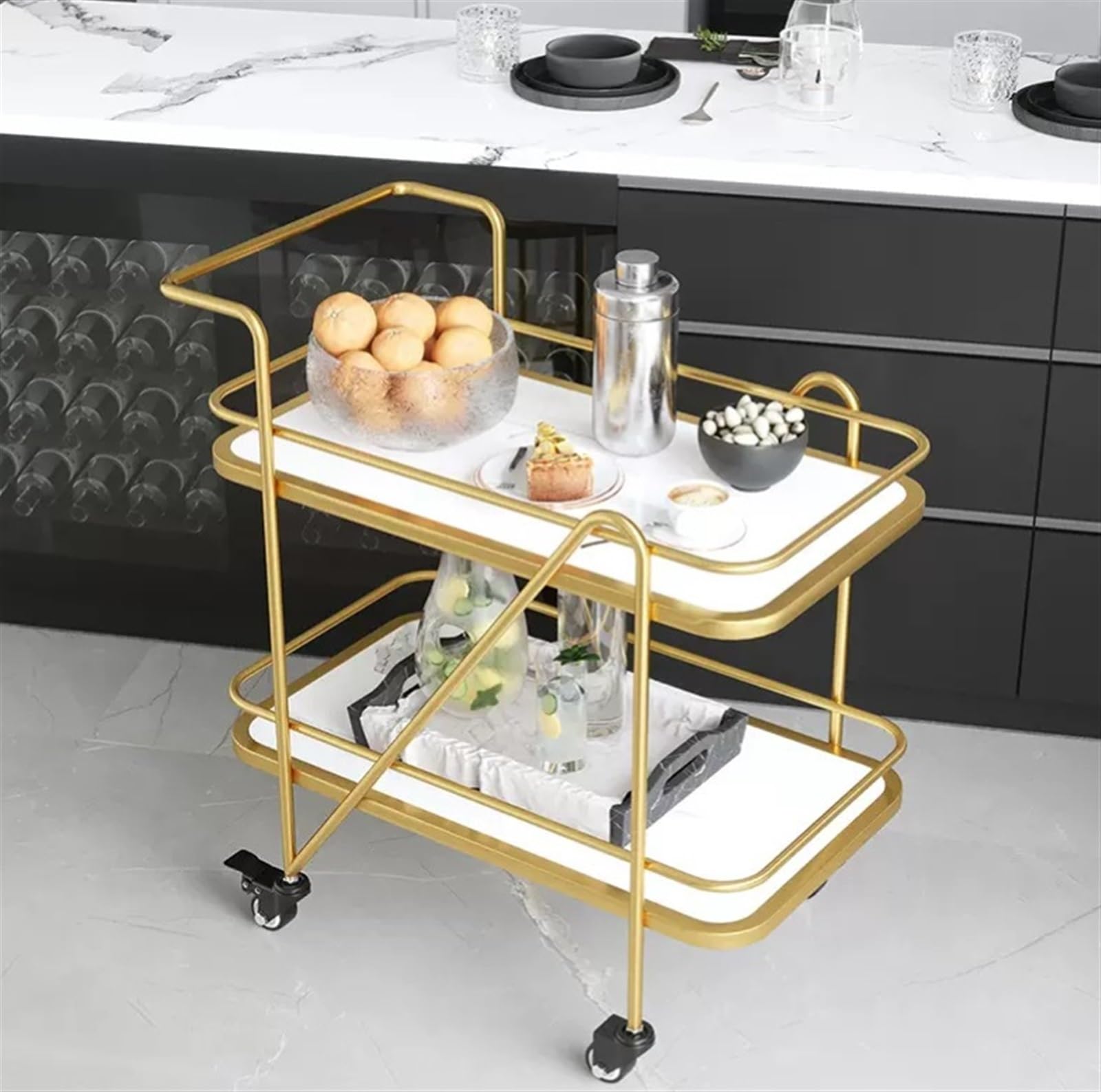 Rollwagen mit 2 Etagen und Marmor, Metall, Küchenwagen für Zuhause und Hotel, d & White Beve Service Utili Cart für Easy li