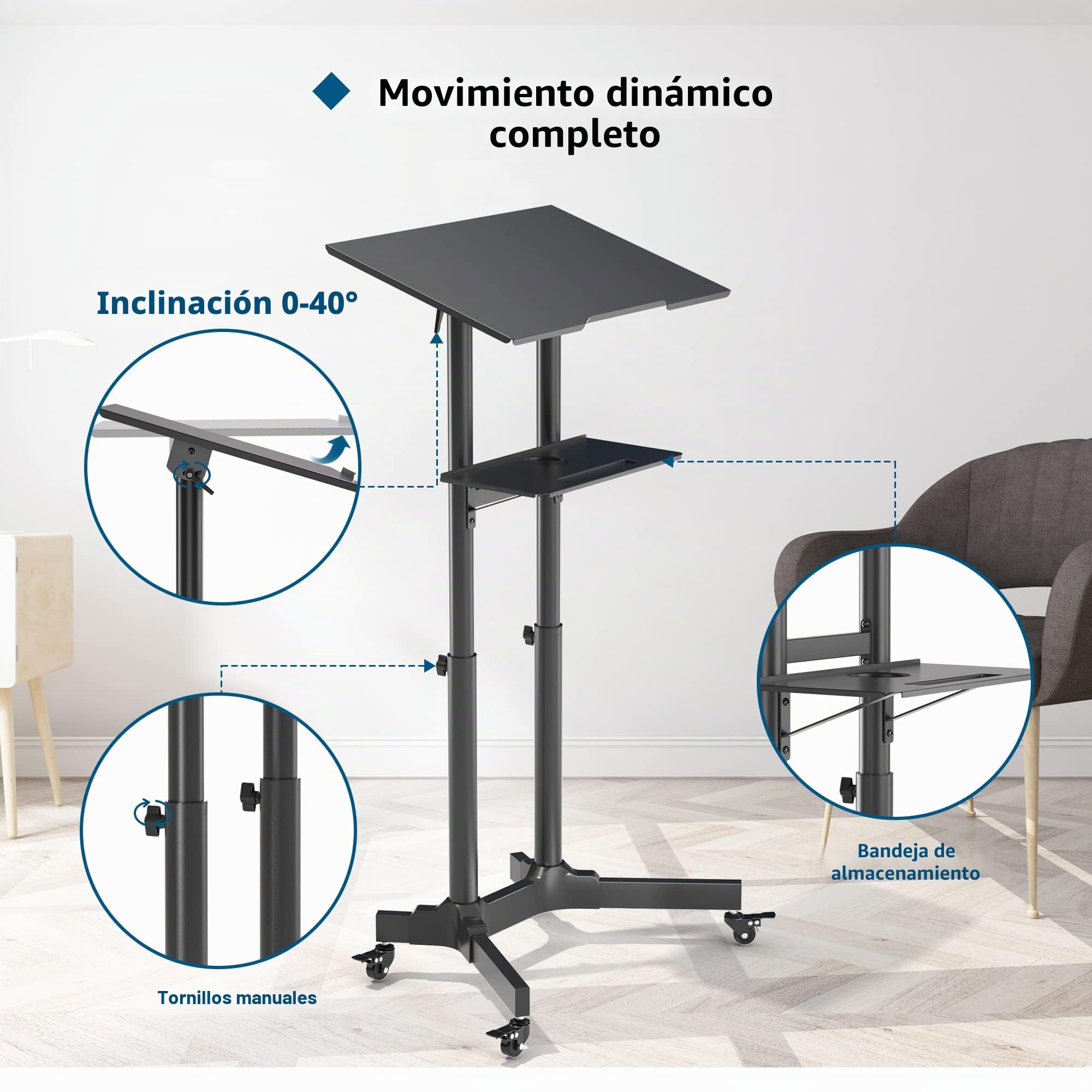 BONTEC Escritorio de Pie Móvil con Altura Ajustable, Escritorio para Computadora Portátil con Ruedas, Estación de Trabajo de Pie con Bandeja Compacta Ajustable